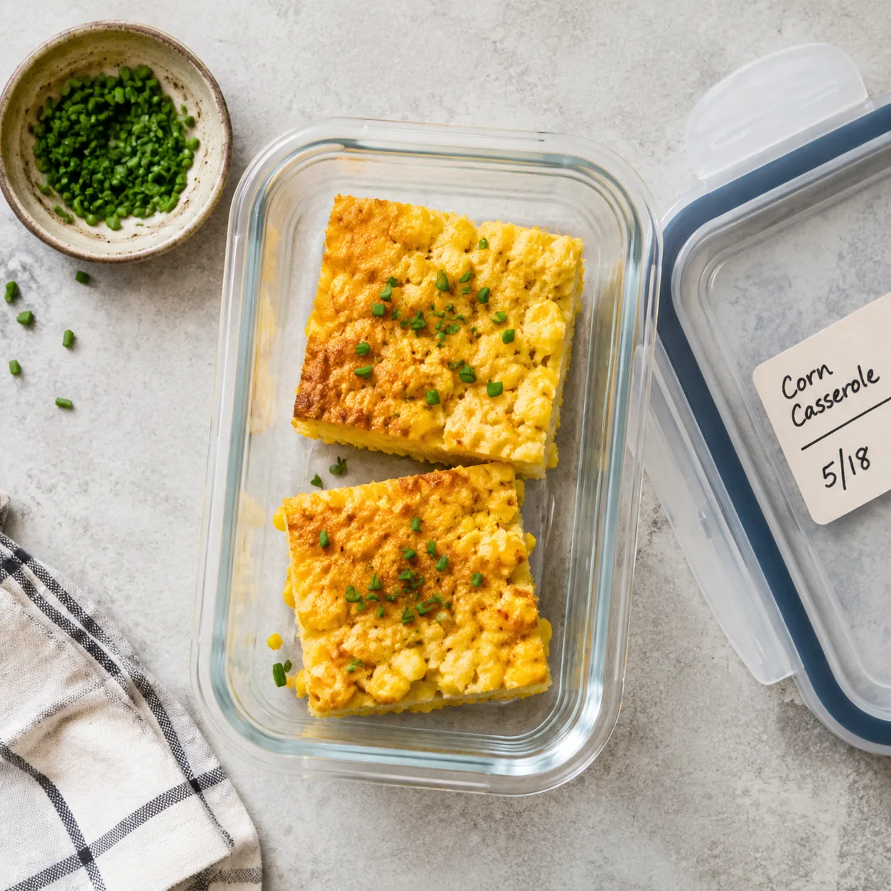 Leftover corn casserole stored in a glass container for make-ahead meals.