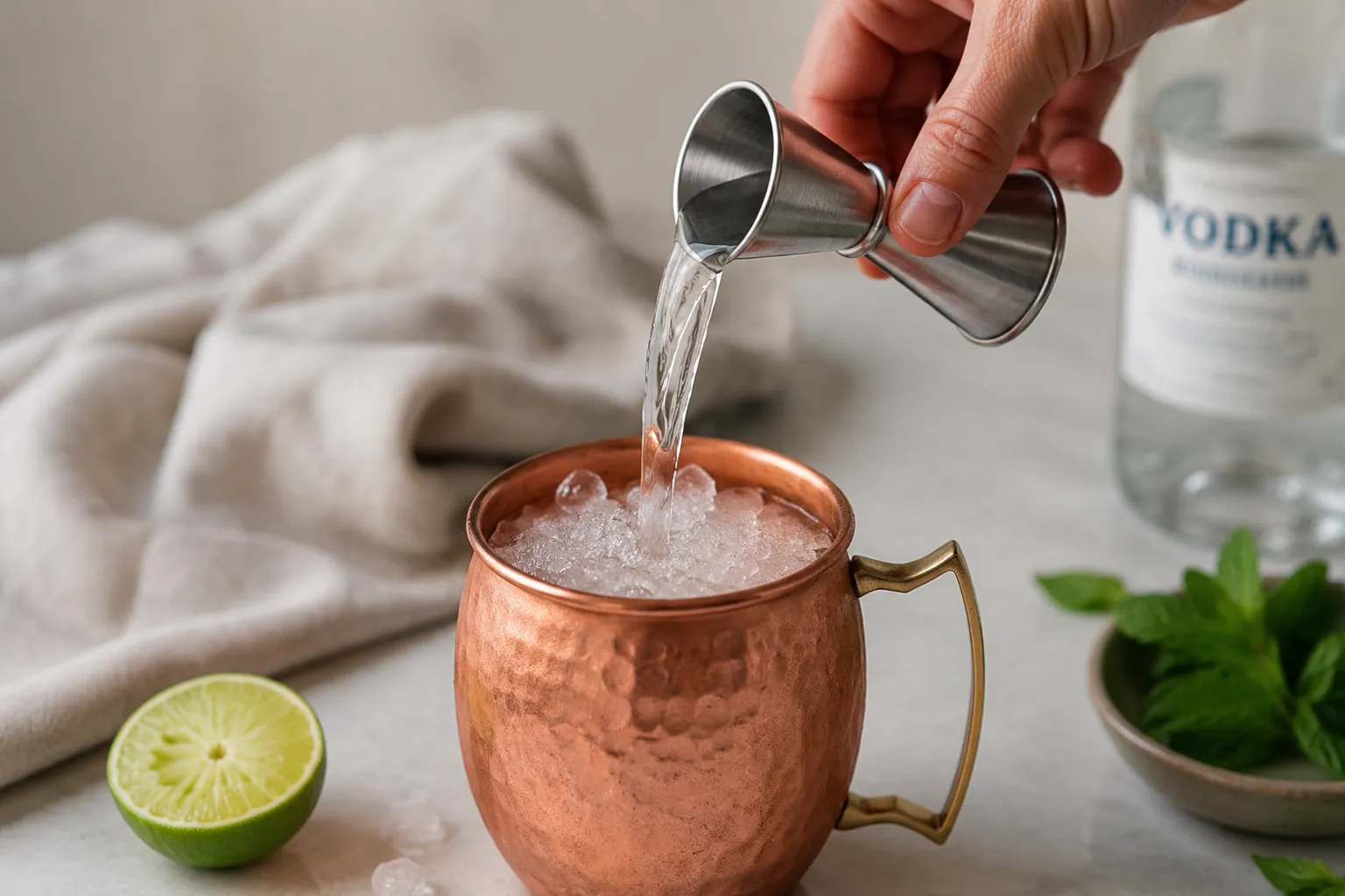 Pouring vodka into a copper mug for a classic Moscow mule recipe
