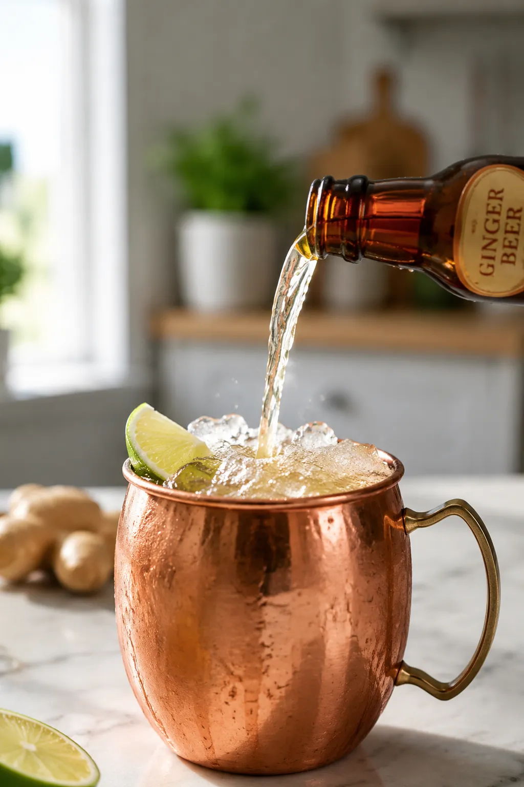 Pouring ginger beer into a Moscow mule recipe in a copper mug