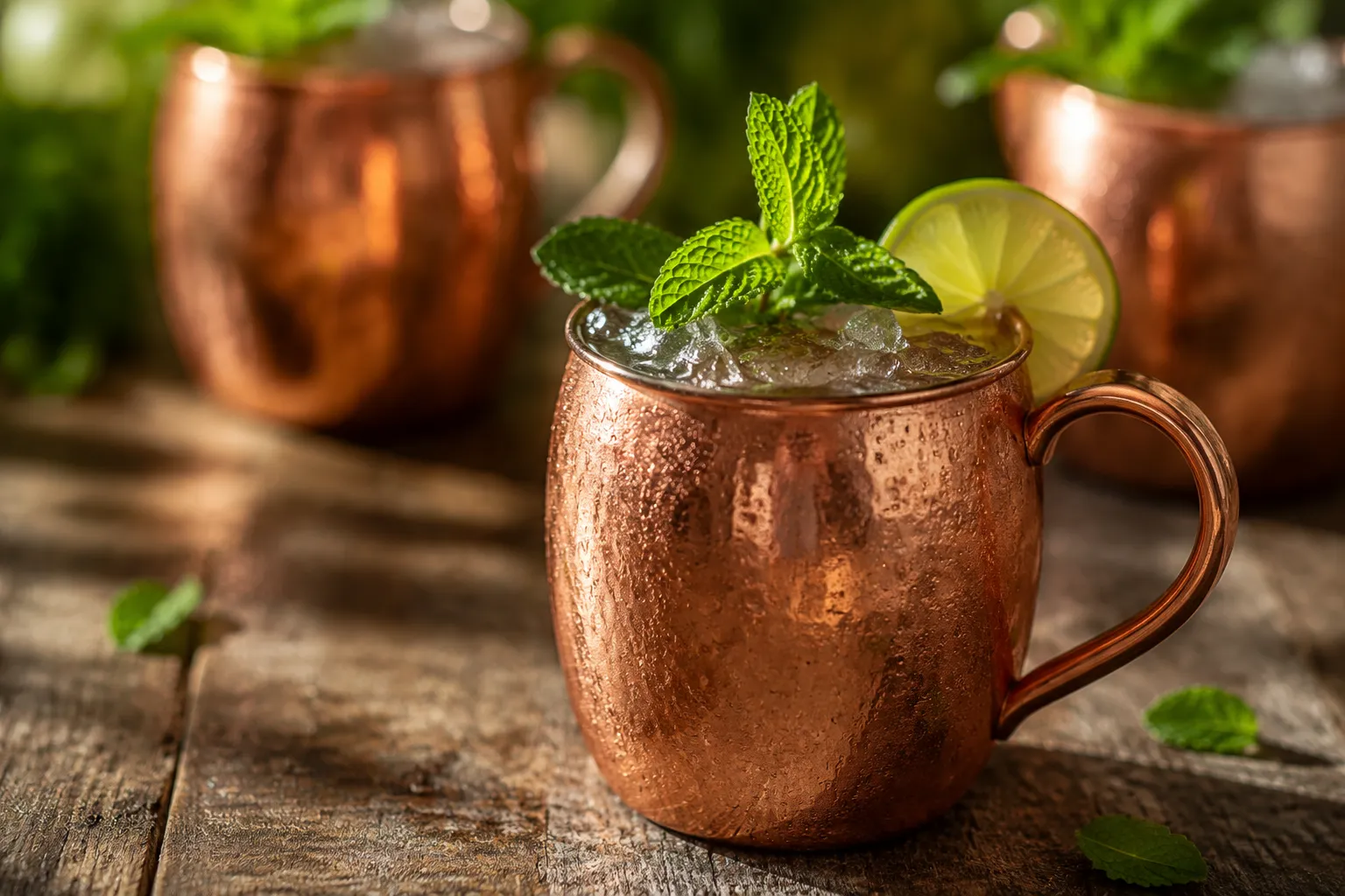 Finished Moscow mule recipe garnished with lime wheel and fresh mint