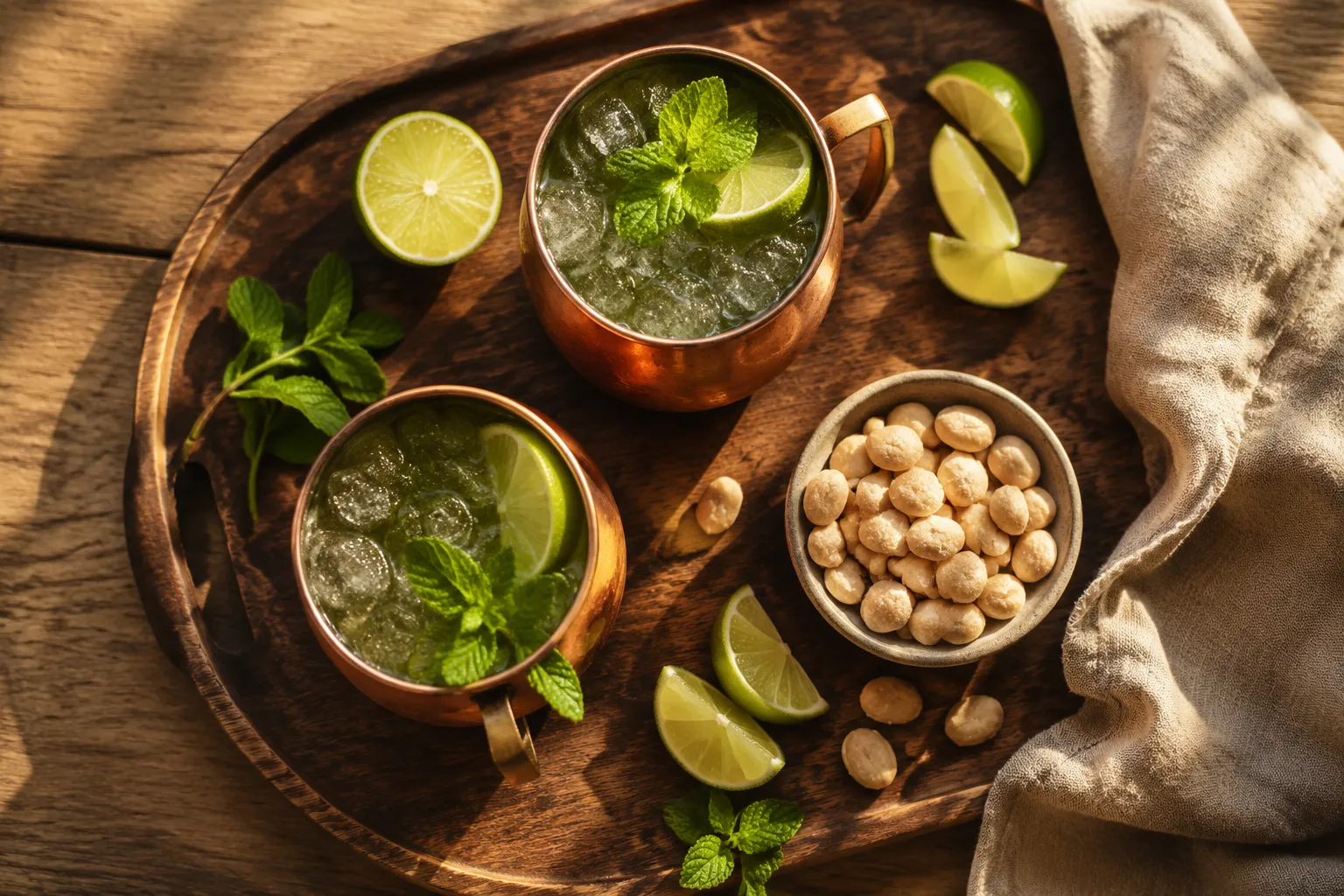 Moscow mule recipe served on a tray with snacks for entertaining