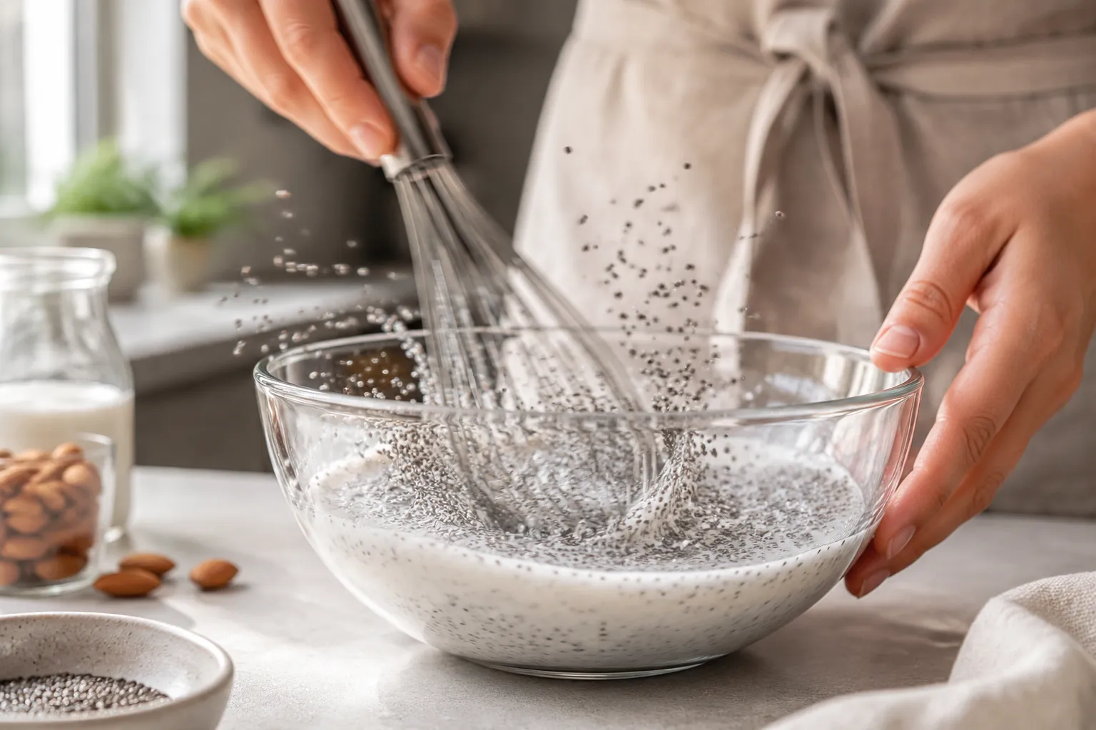 Whisking chia seeds into almond milk for an easy chia seed pudding recipe