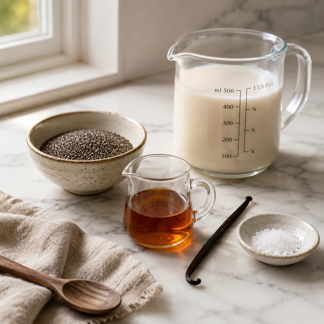 Chia seed pudding recipe ingredients flatlay with chia seeds, almond milk, and maple syrup