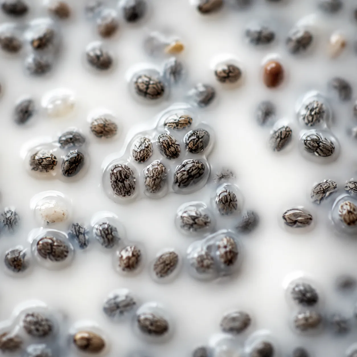 Chia seeds gelling in almond milk close-up