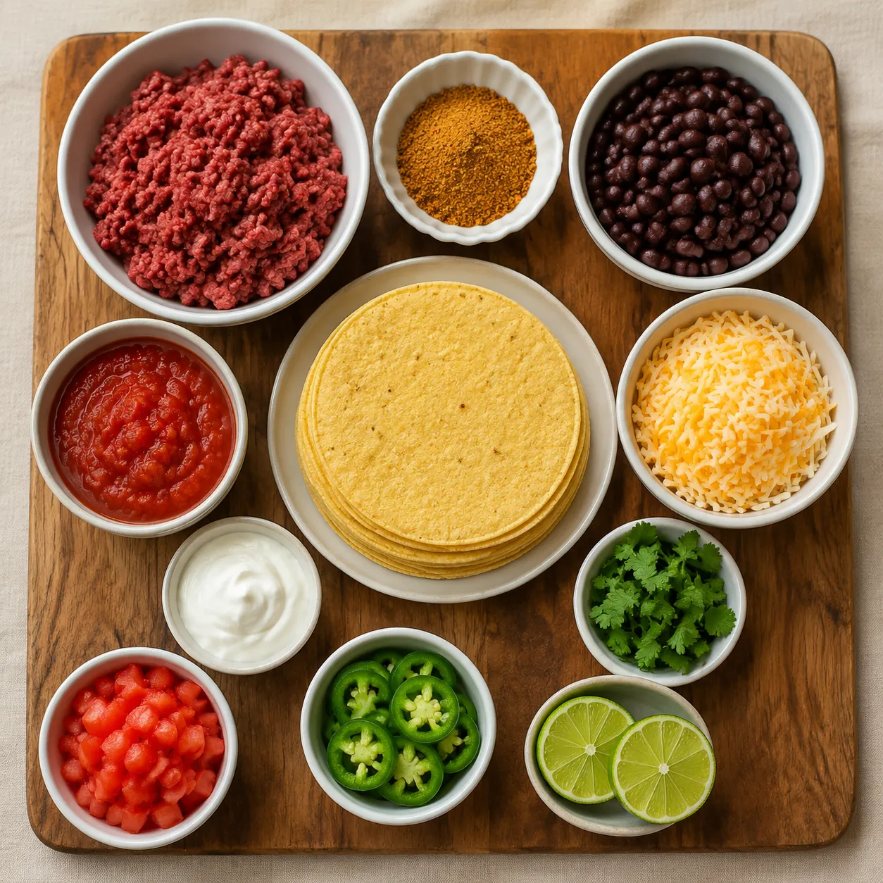 Taco casserole ingredients flatlay with ground beef beans tortillas and cheese