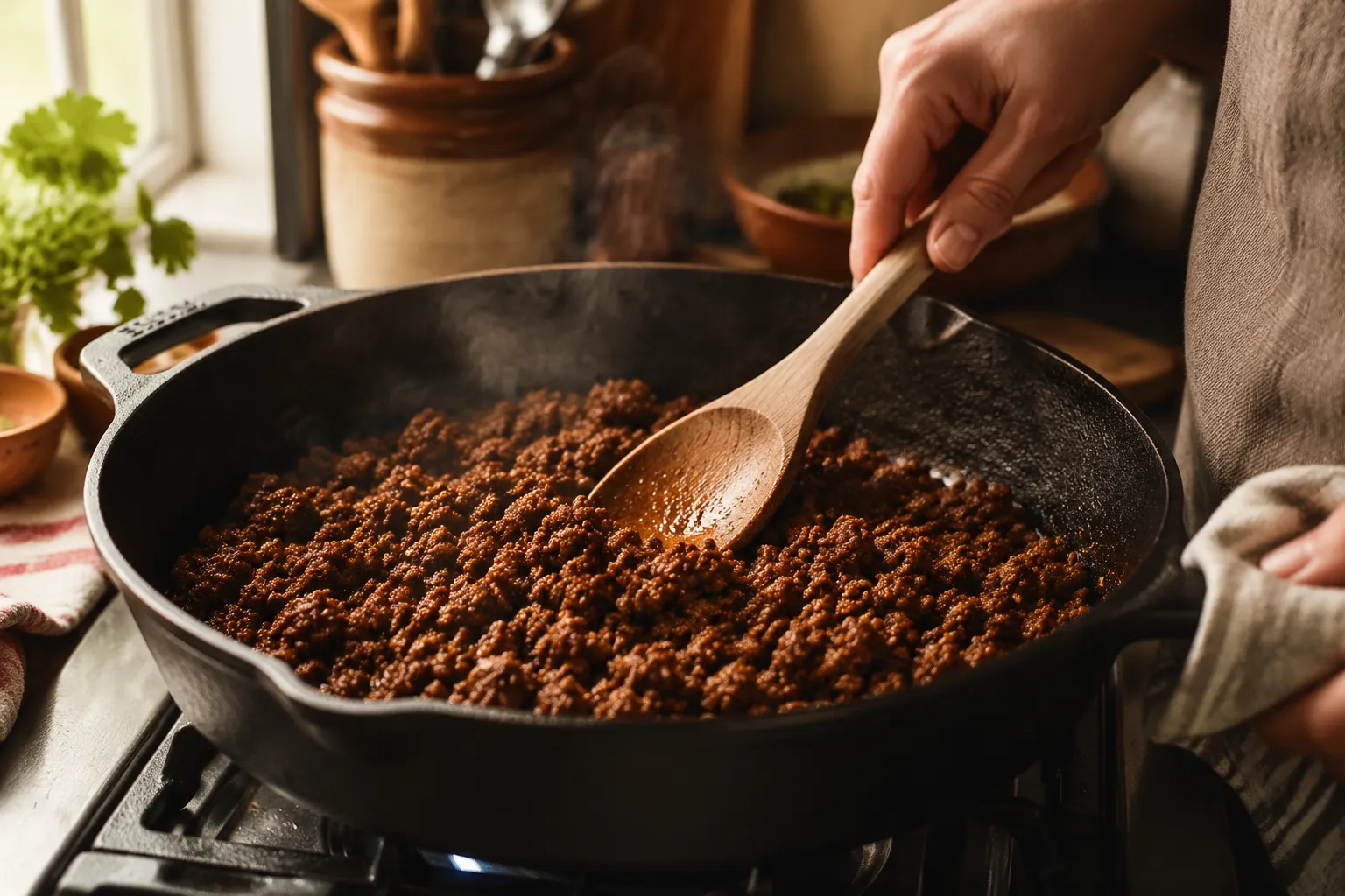 Browning ground beef with taco seasoning for taco casserole recipe