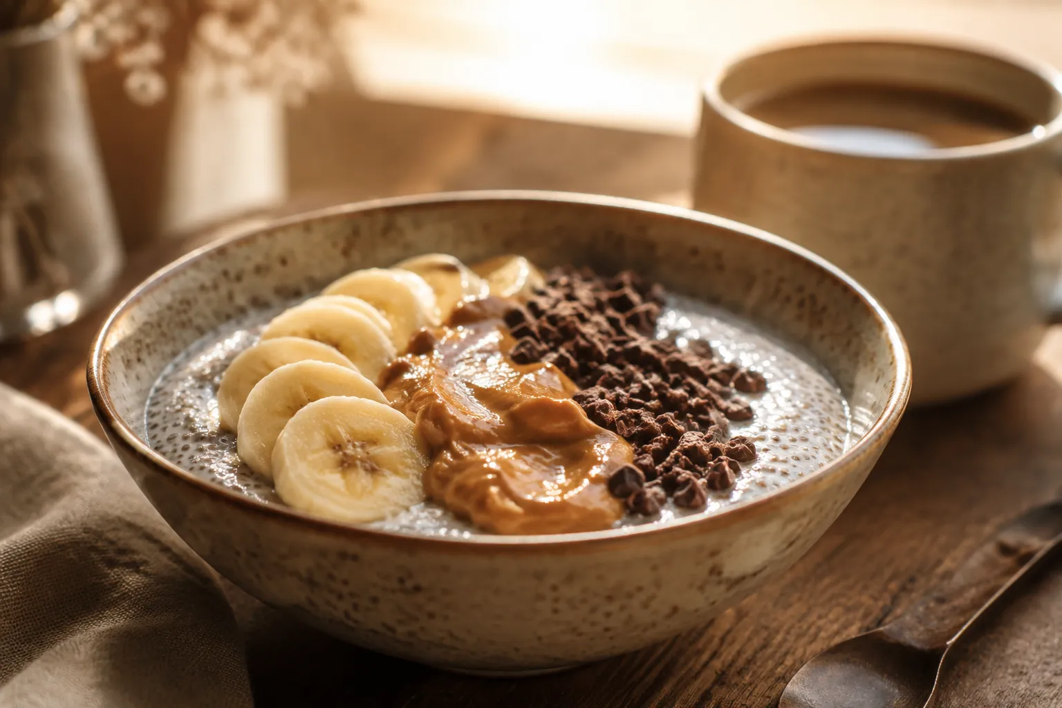 Chia seed pudding breakfast bowl with banana and peanut butter