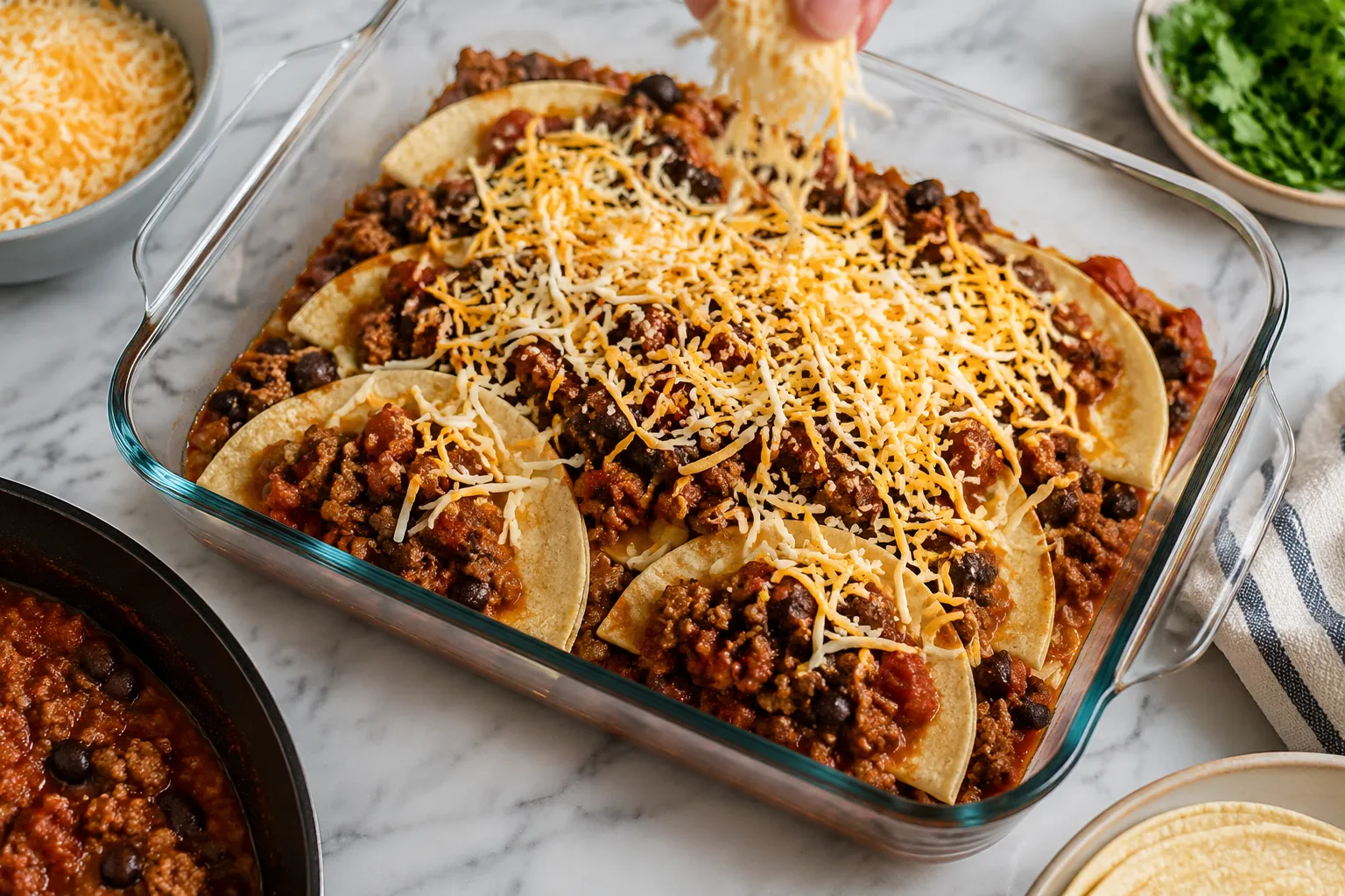 Layering tortillas beef and cheese in a Mexican casserole baking dish