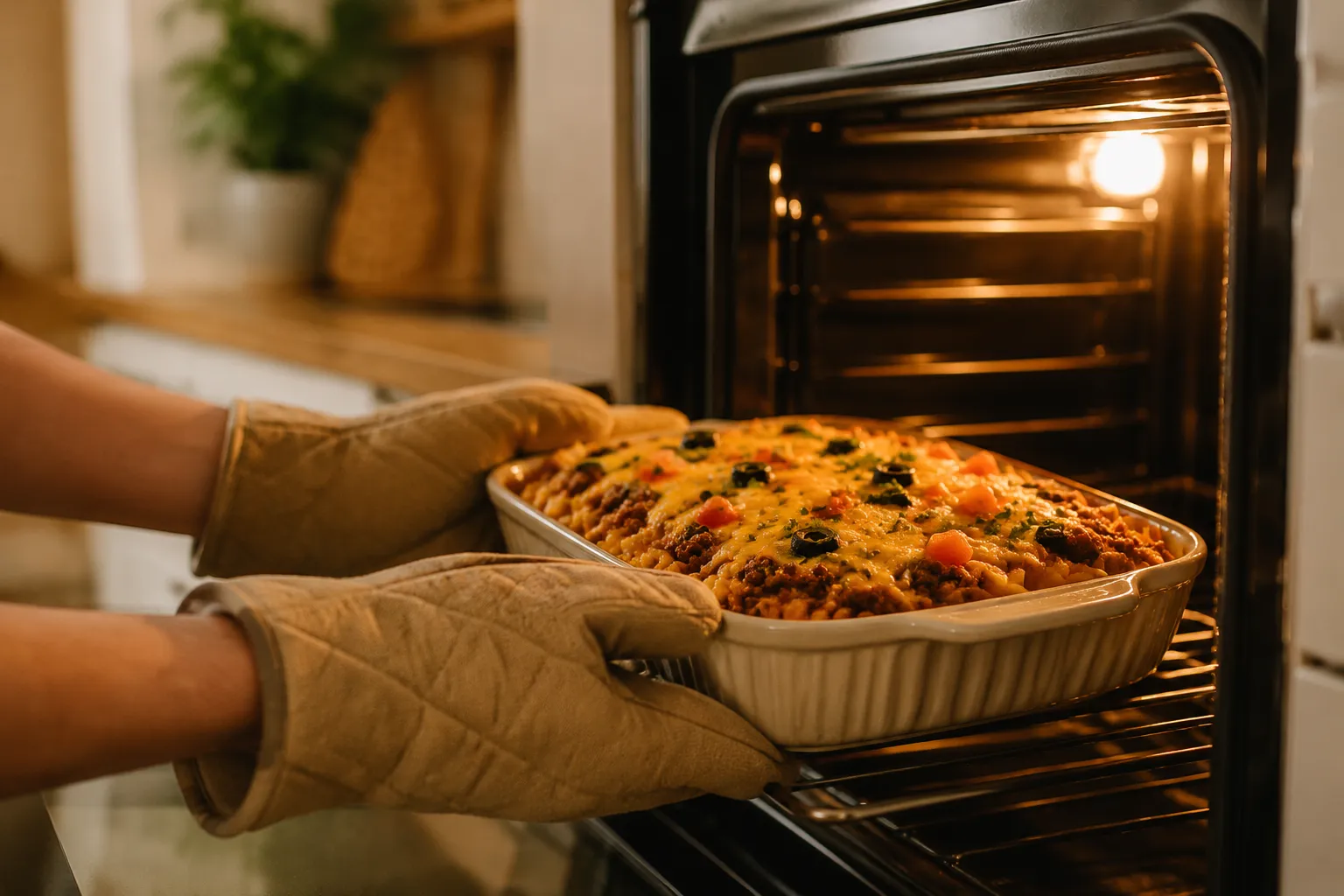 Sliding taco casserole into the oven to bake until bubbly