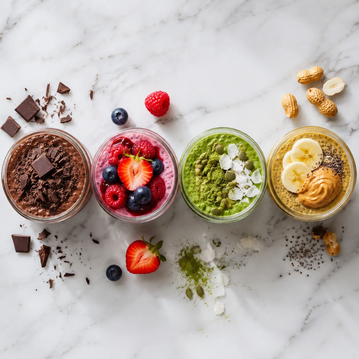 Four chia seed pudding recipe variations including chocolate and matcha