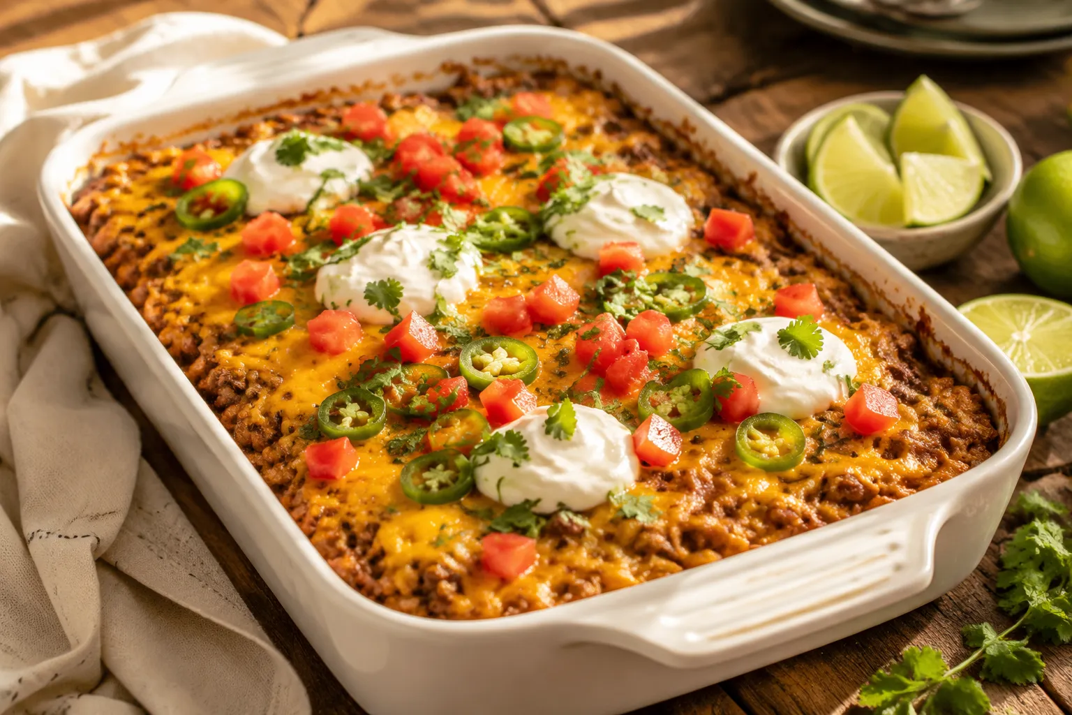 Finished taco casserole topped with cilantro tomatoes and sour cream