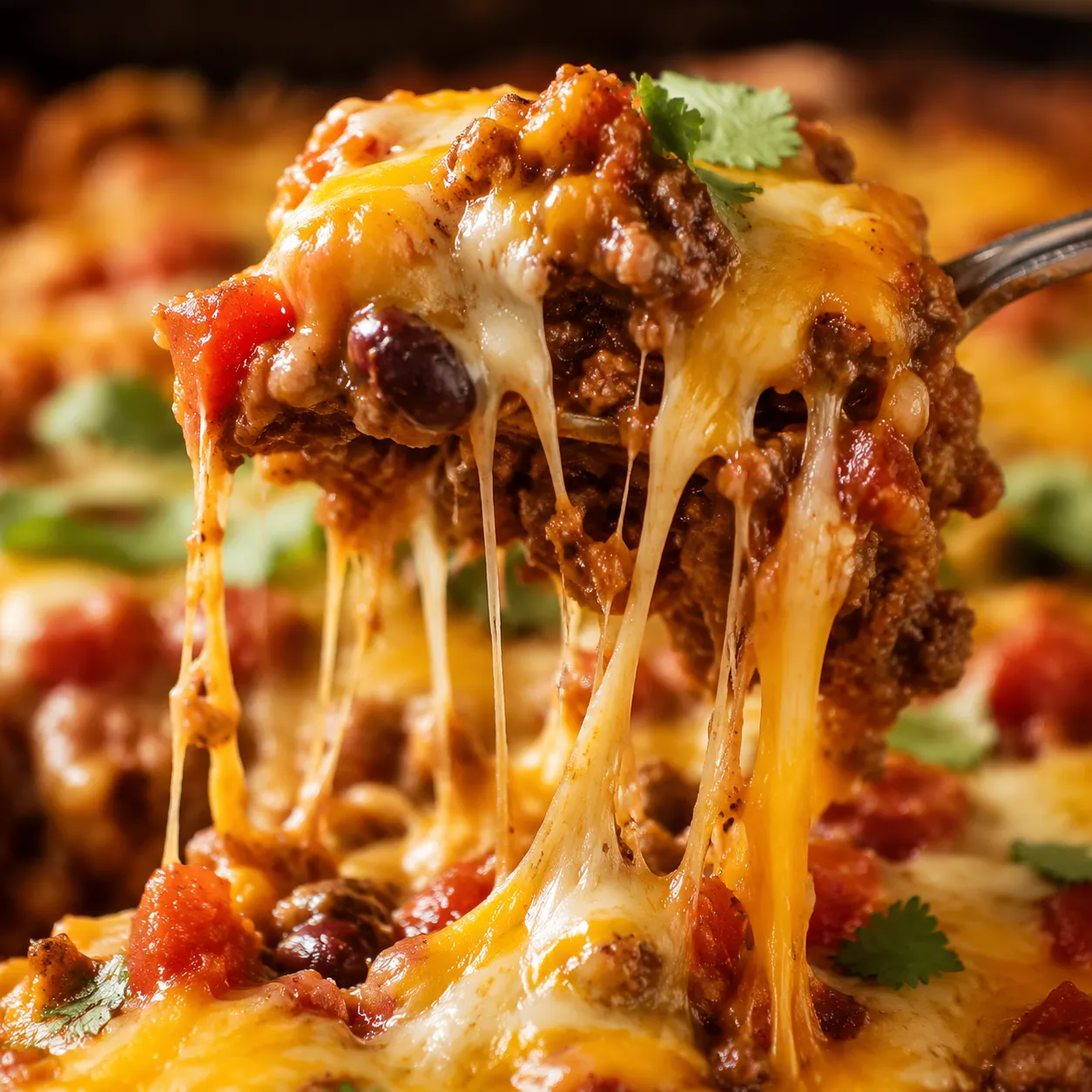 Cheese pull close-up of taco casserole forkful