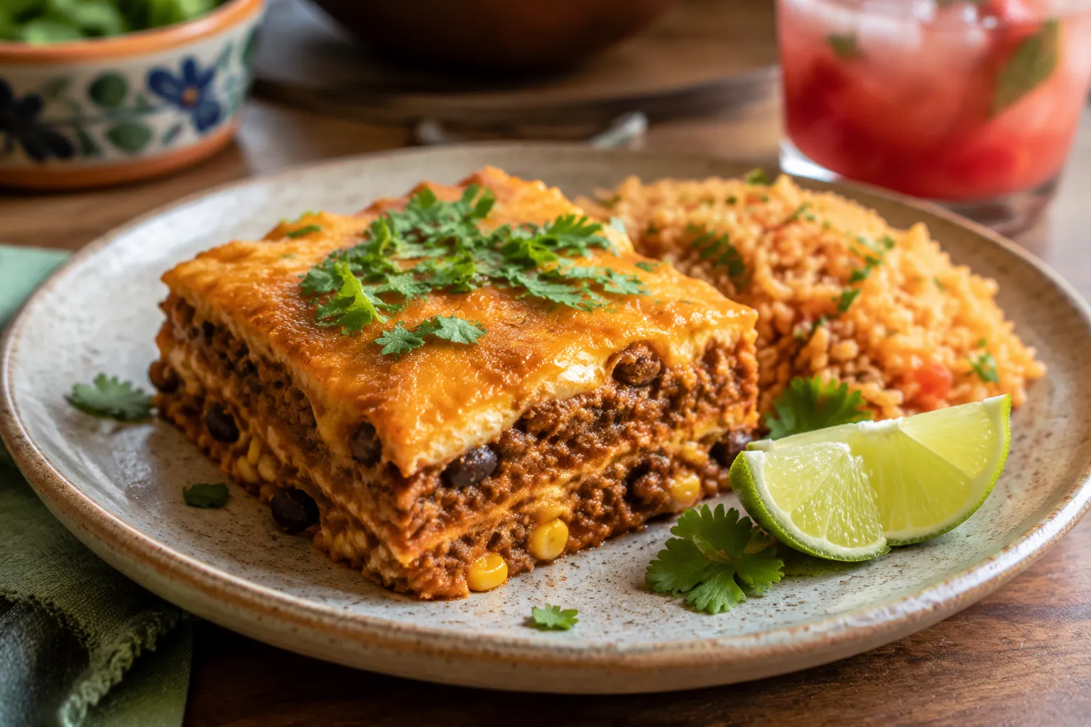 Taco casserole serving plated with Mexican rice and lime wedges