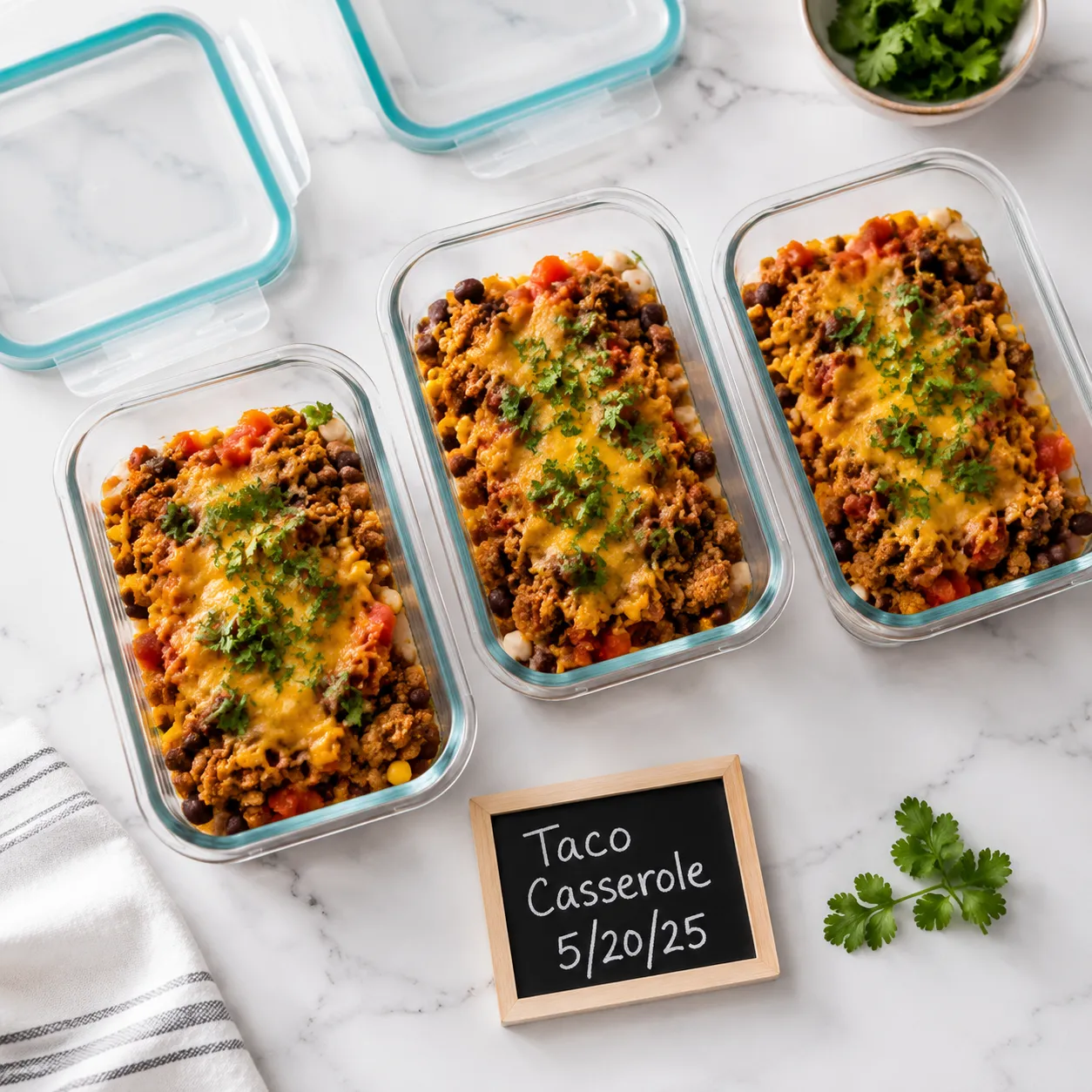 Taco casserole leftovers stored in glass meal prep containers
