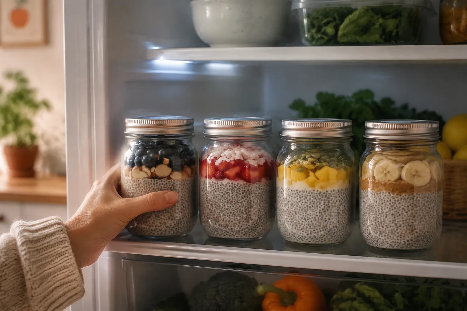 Meal prep chia seed pudding stored in mason jars in the fridge