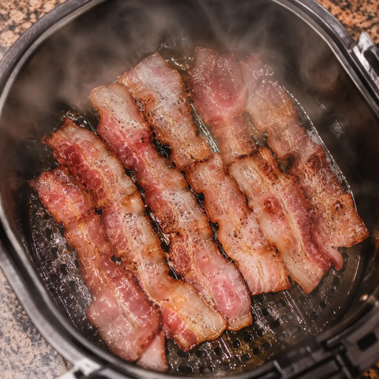 Bacon halfway cooked inside the air fryer basket showing rendered fat