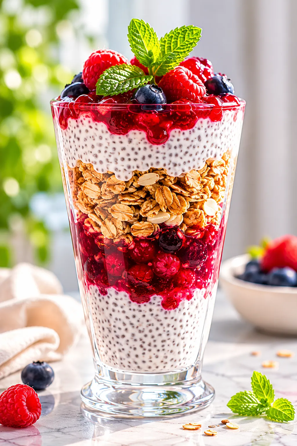 Layered chia seed pudding parfait with granola and berries