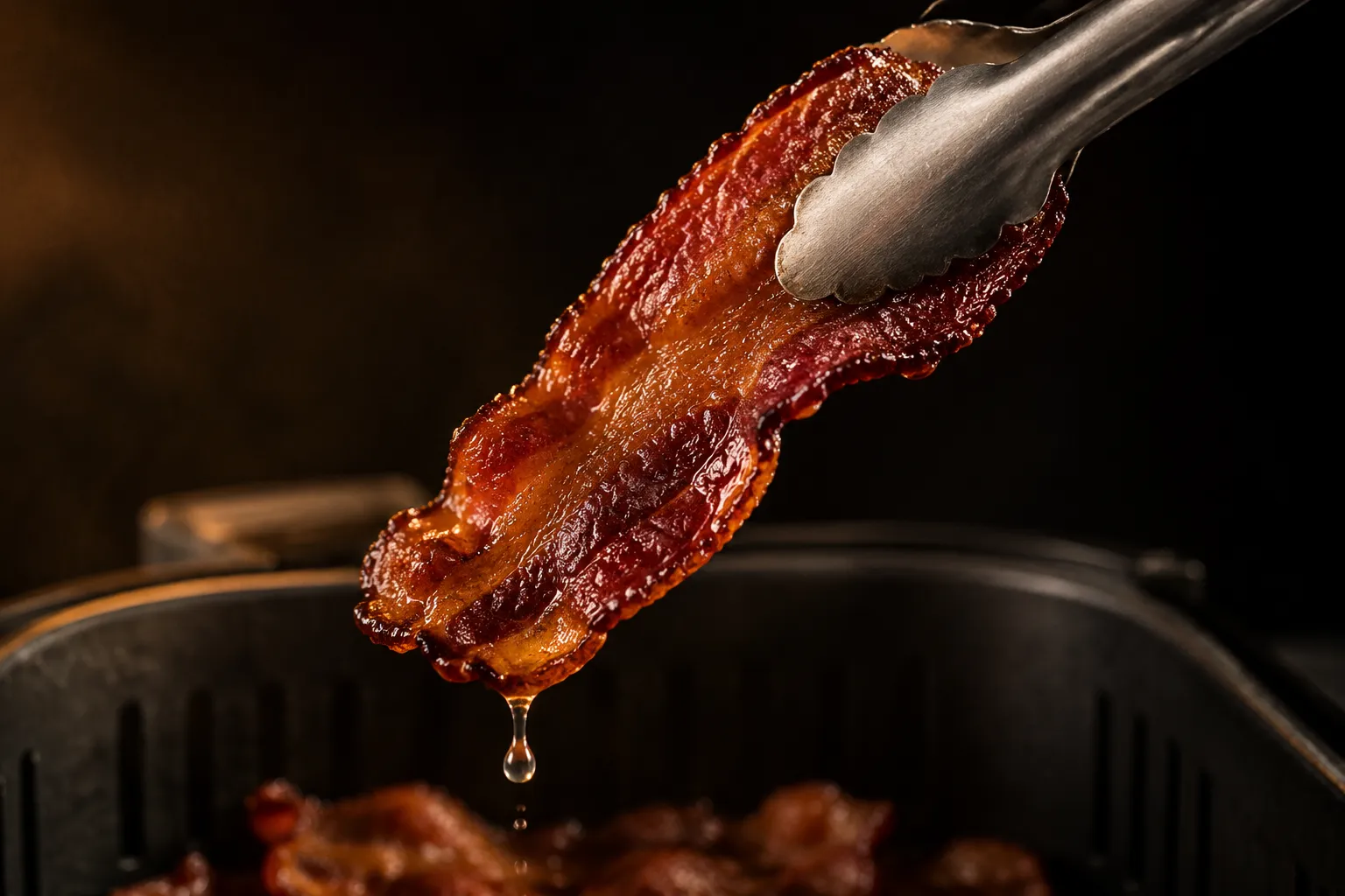 Close-up of crispy air fry bacon being lifted with tongs