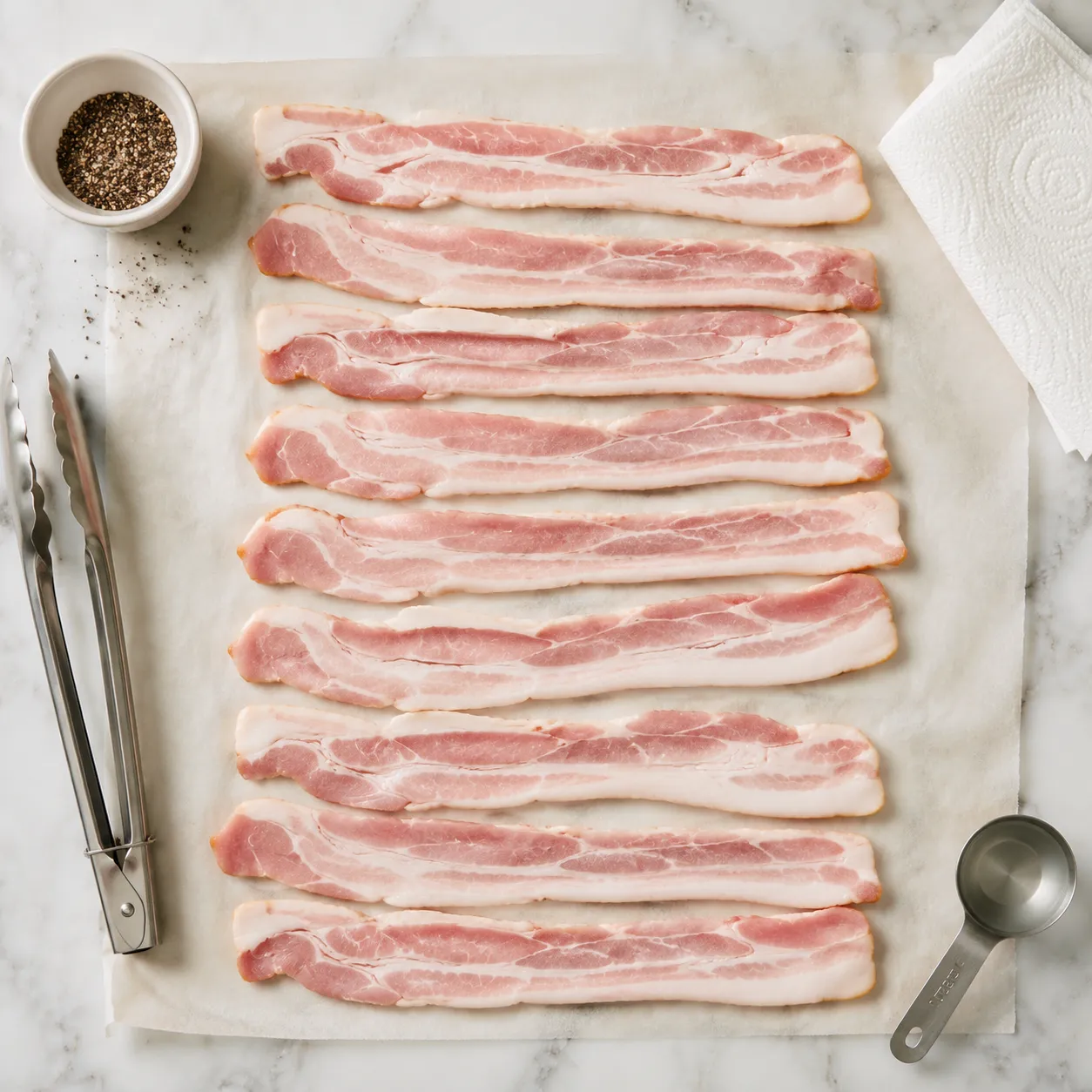 Ingredients for air fryer bacon laid out on a marble counter