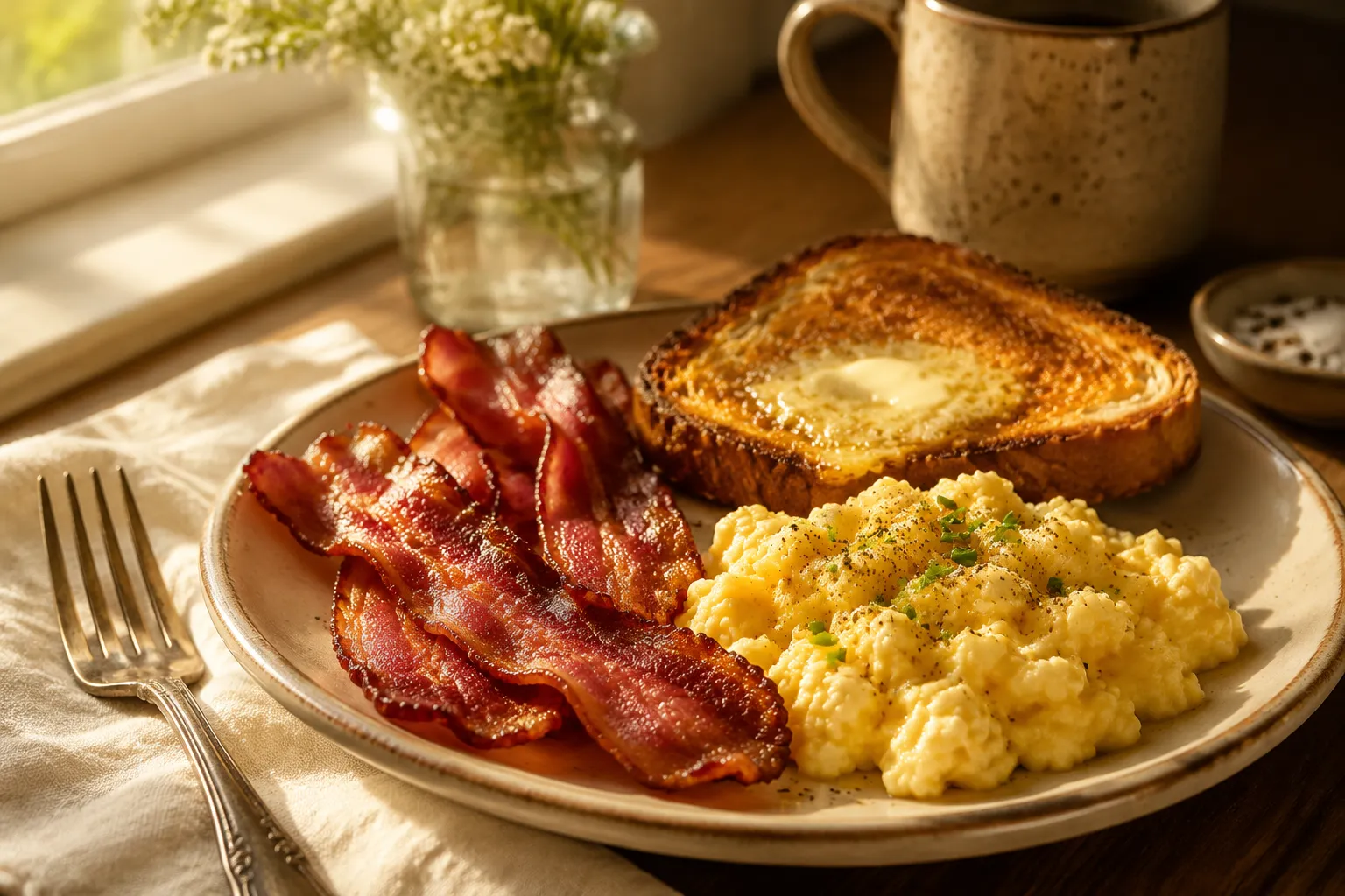 Air fryer bacon served with scrambled eggs and toast for breakfast