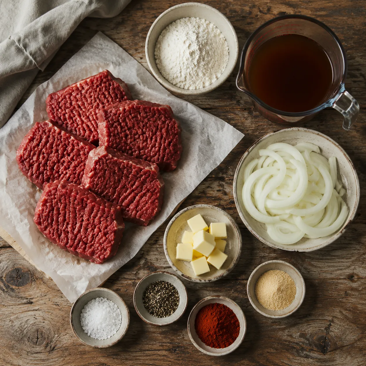 Cube steak ingredients flatlay with flour, onions, broth, and seasonings
