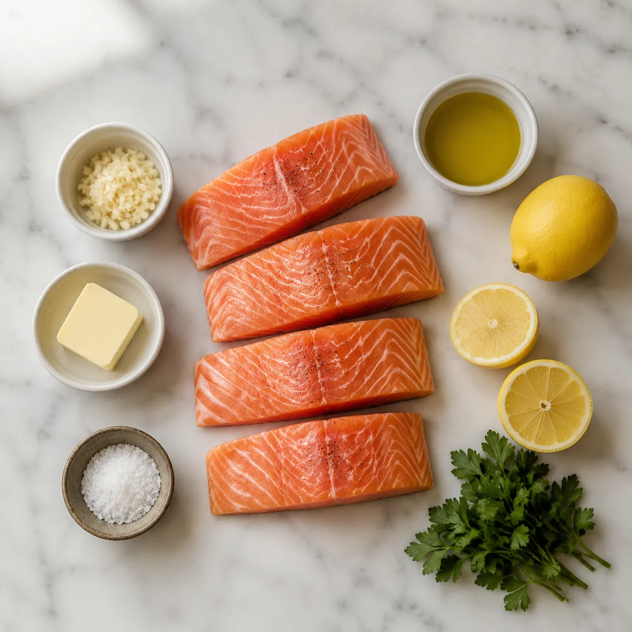 Pescatarian salmon recipe ingredients flatlay with lemon, garlic, and parsley