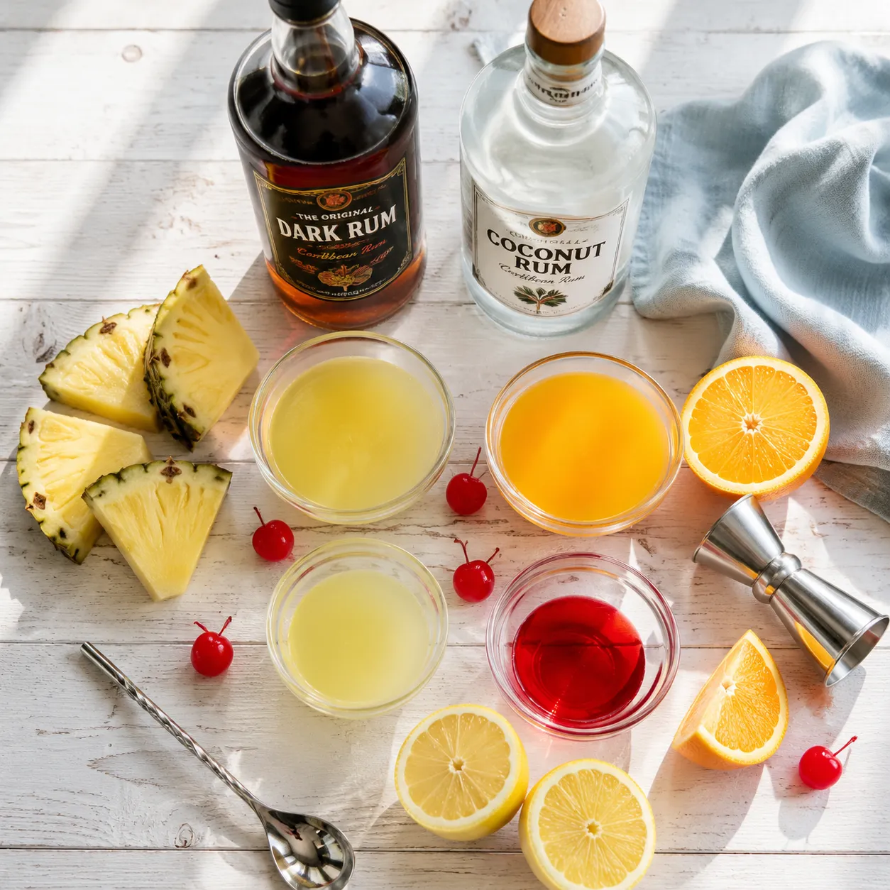 Bahama Mama drink recipe ingredients flat lay with rum, juices, and tropical garnishes