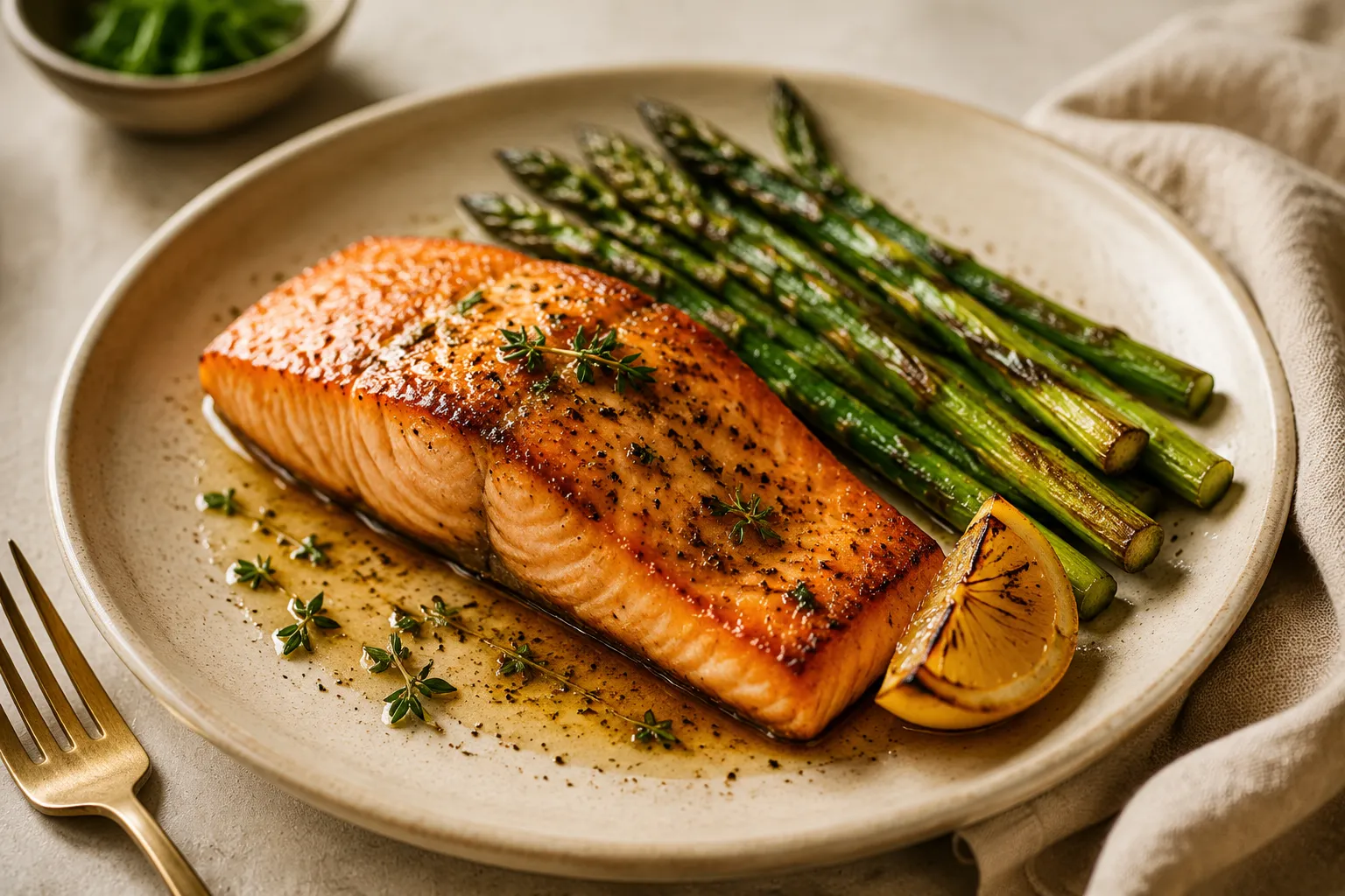 Plated pescatarian dinner: lemon garlic salmon with asparagus