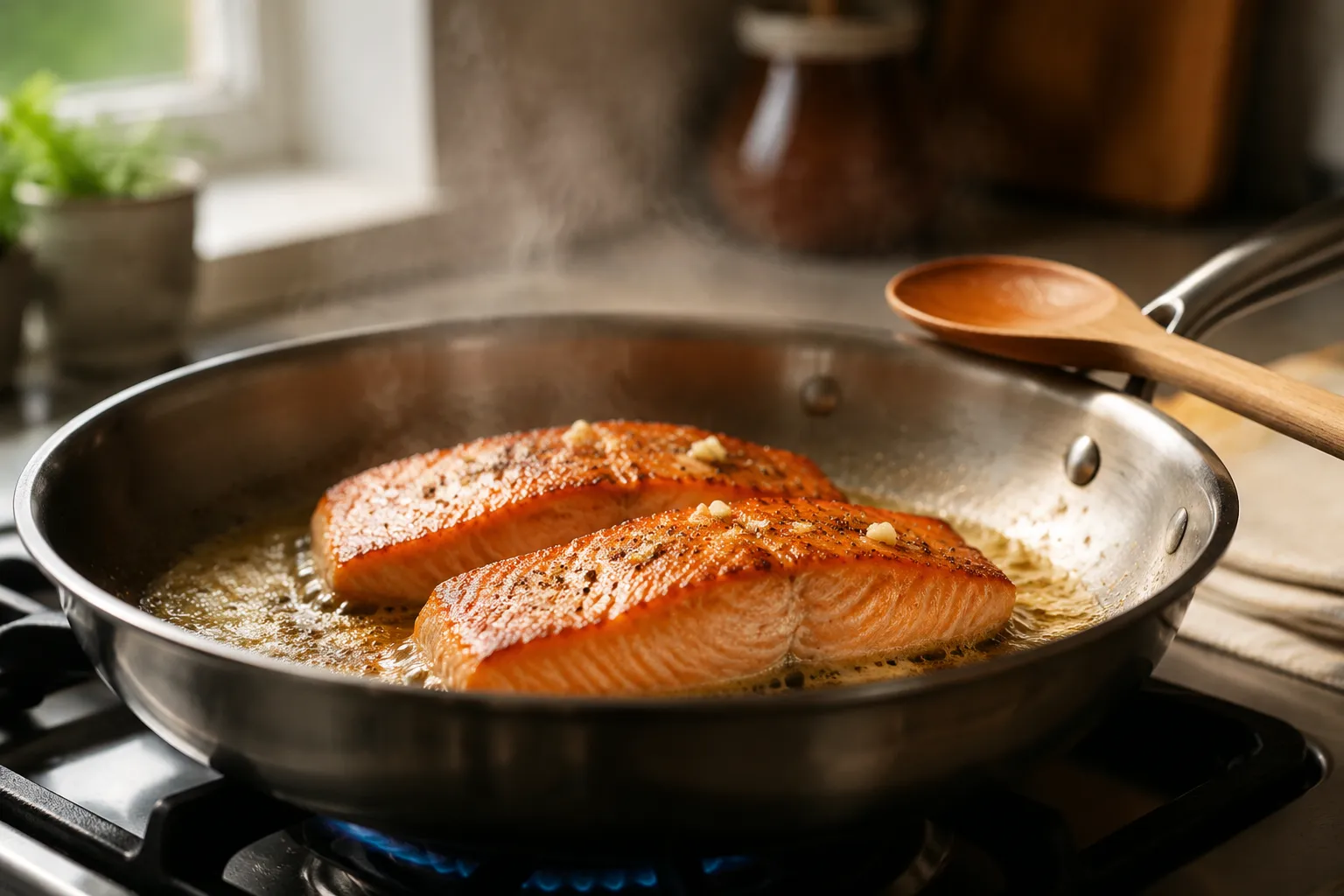 Pan-searing salmon in lemon garlic butter for a pescatarian meal