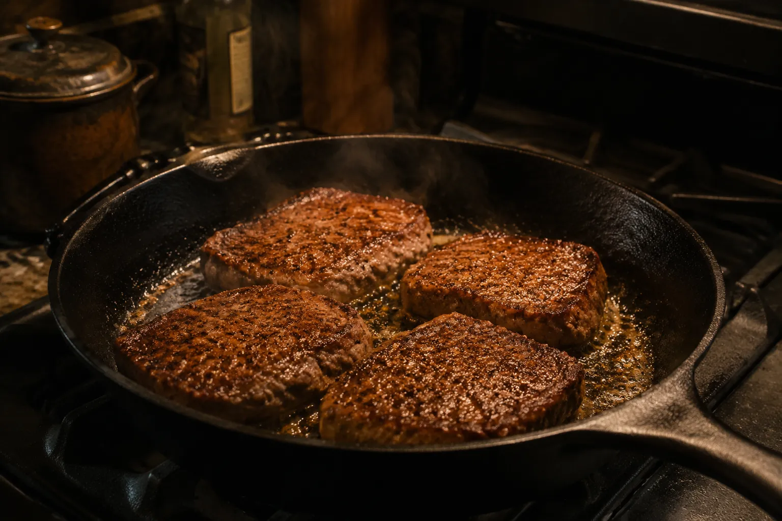 Cube steaks searing golden brown in a cast iron skillet