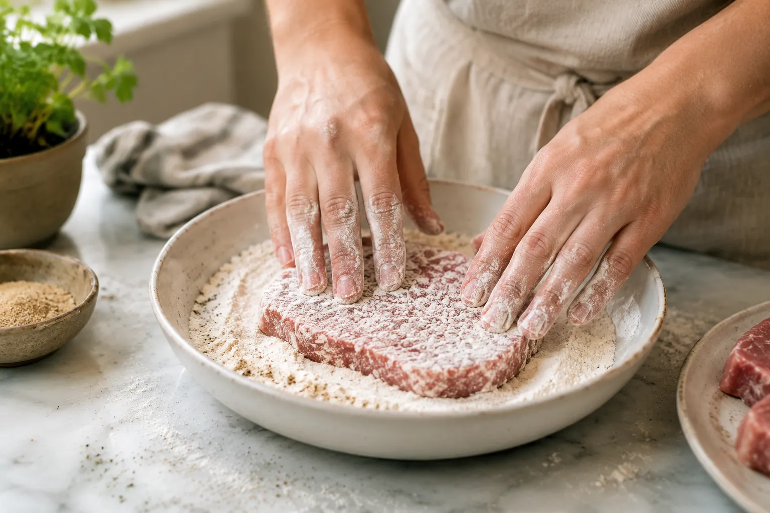 Dredging cube steak in seasoned flour before pan-frying