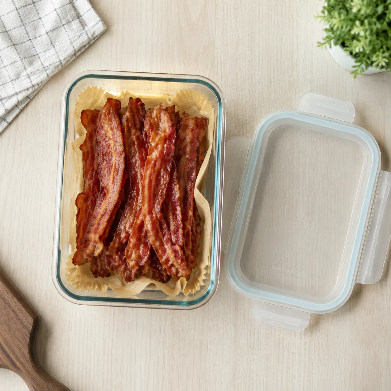 Storing leftover air fryer bacon in a glass meal prep container