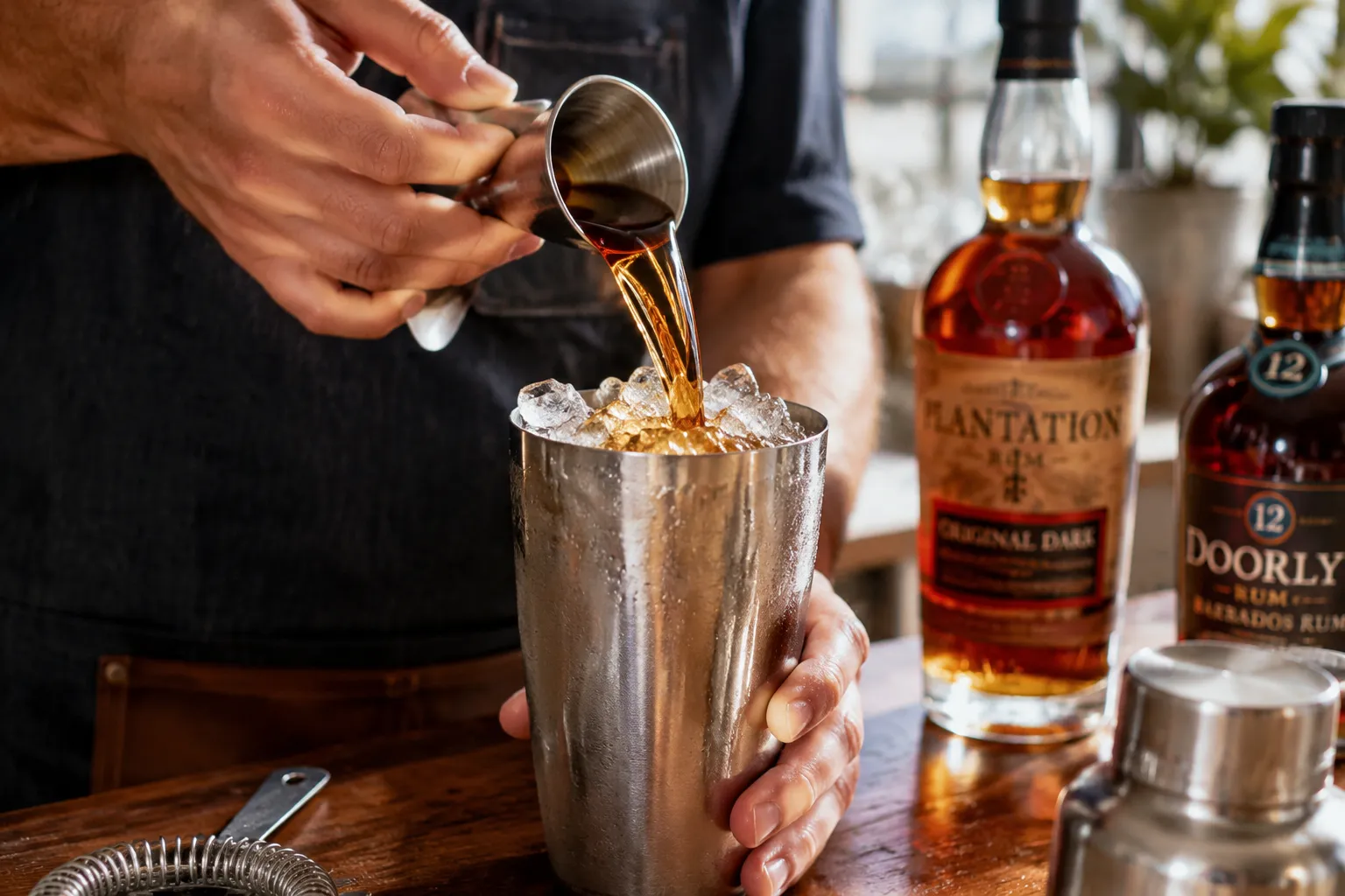 Pouring dark rum into a cocktail shaker for a Bahama Mama recipe