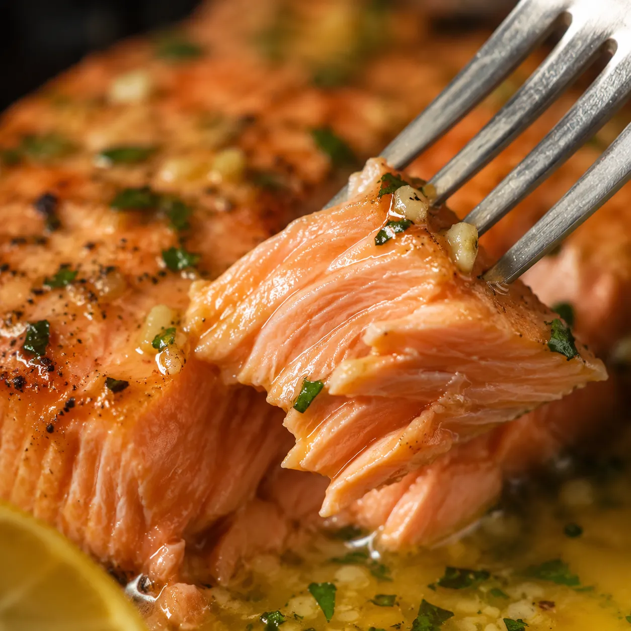 Flaky pescatarian salmon close-up showing tender pink layers