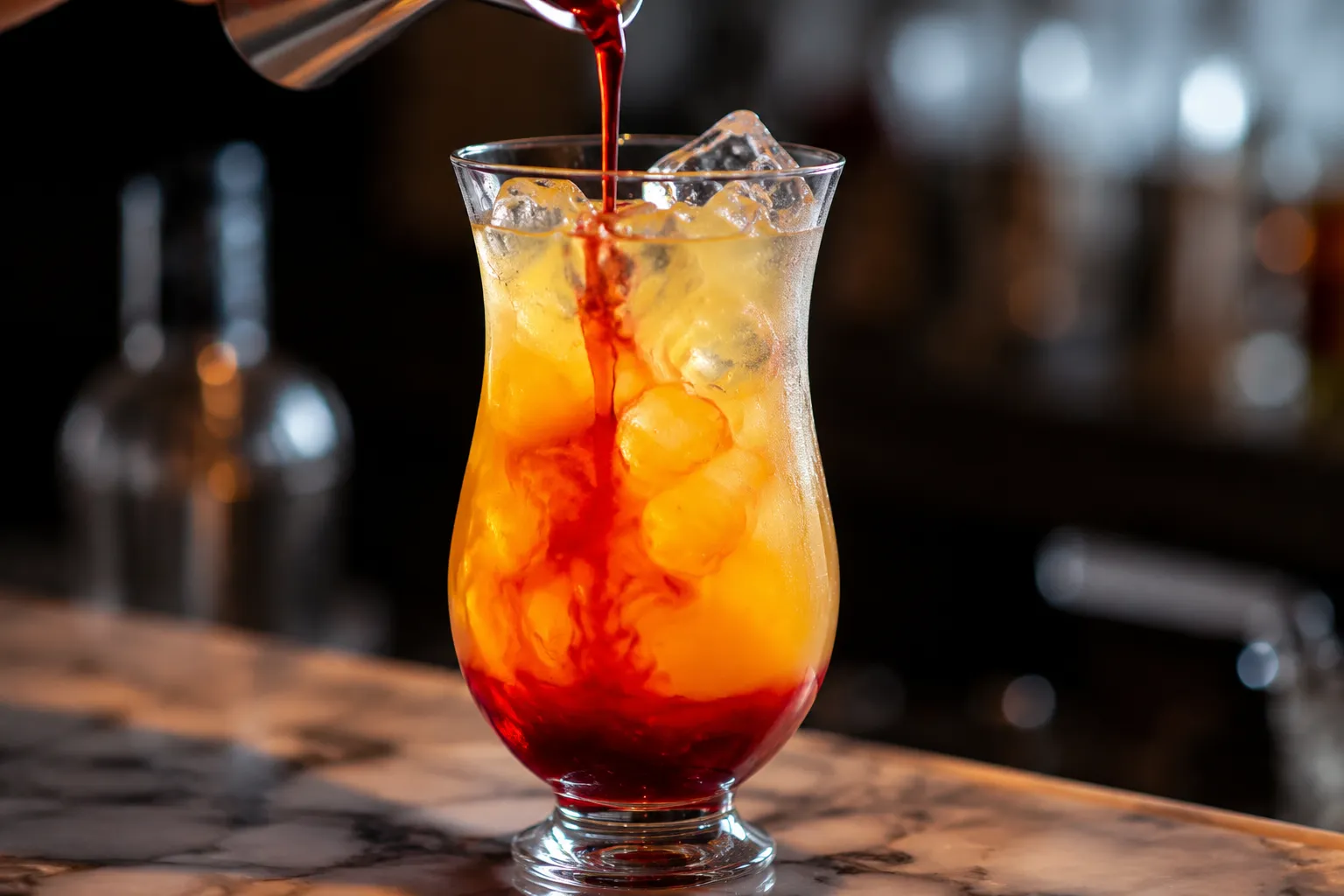 Layering grenadine in a Bahama Mama drink to create a sunset gradient