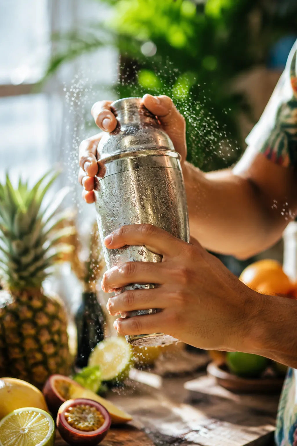Shaking a Bahama Mama cocktail in a frosty shaker
