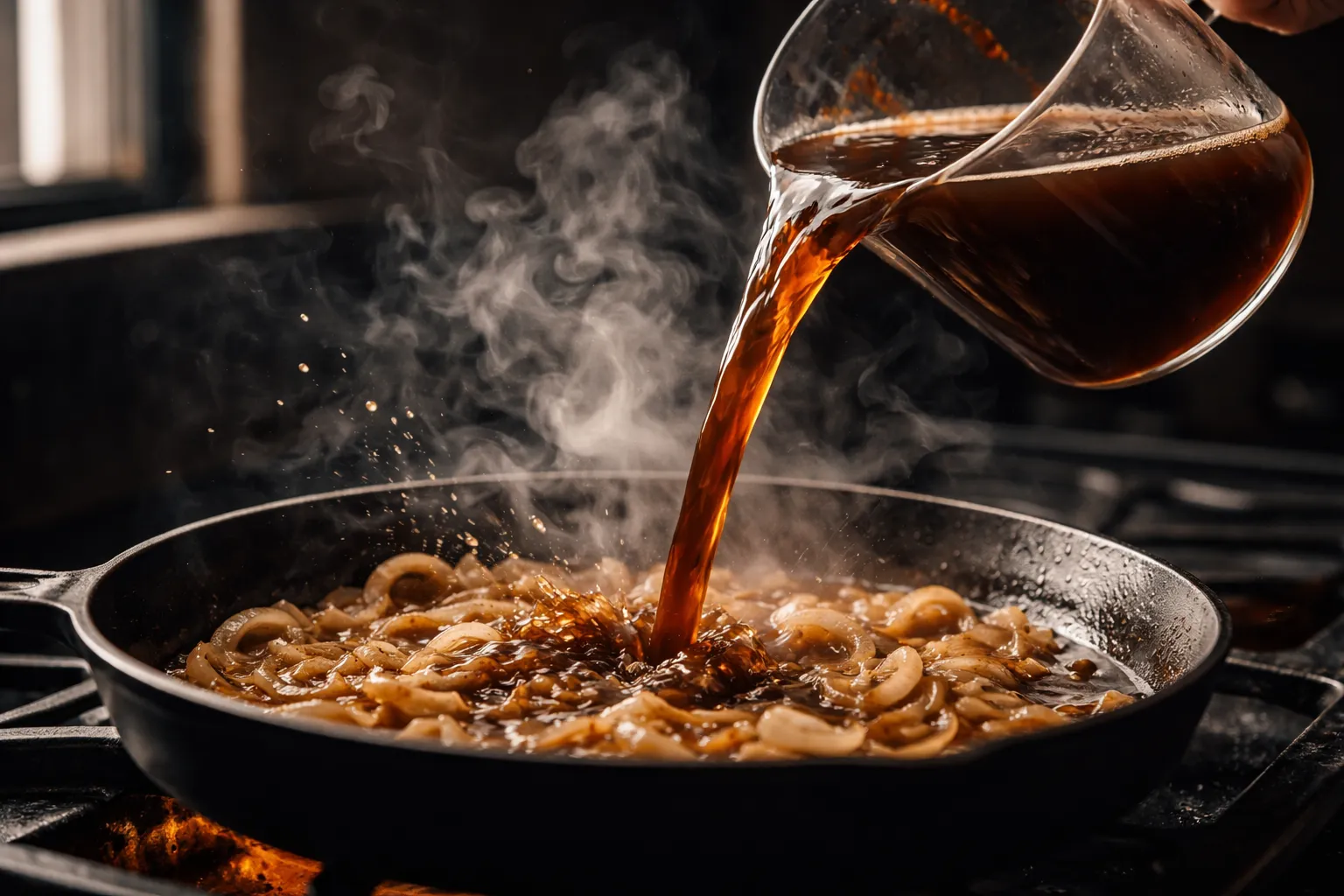 Pouring beef broth into skillet to make cube steak onion gravy