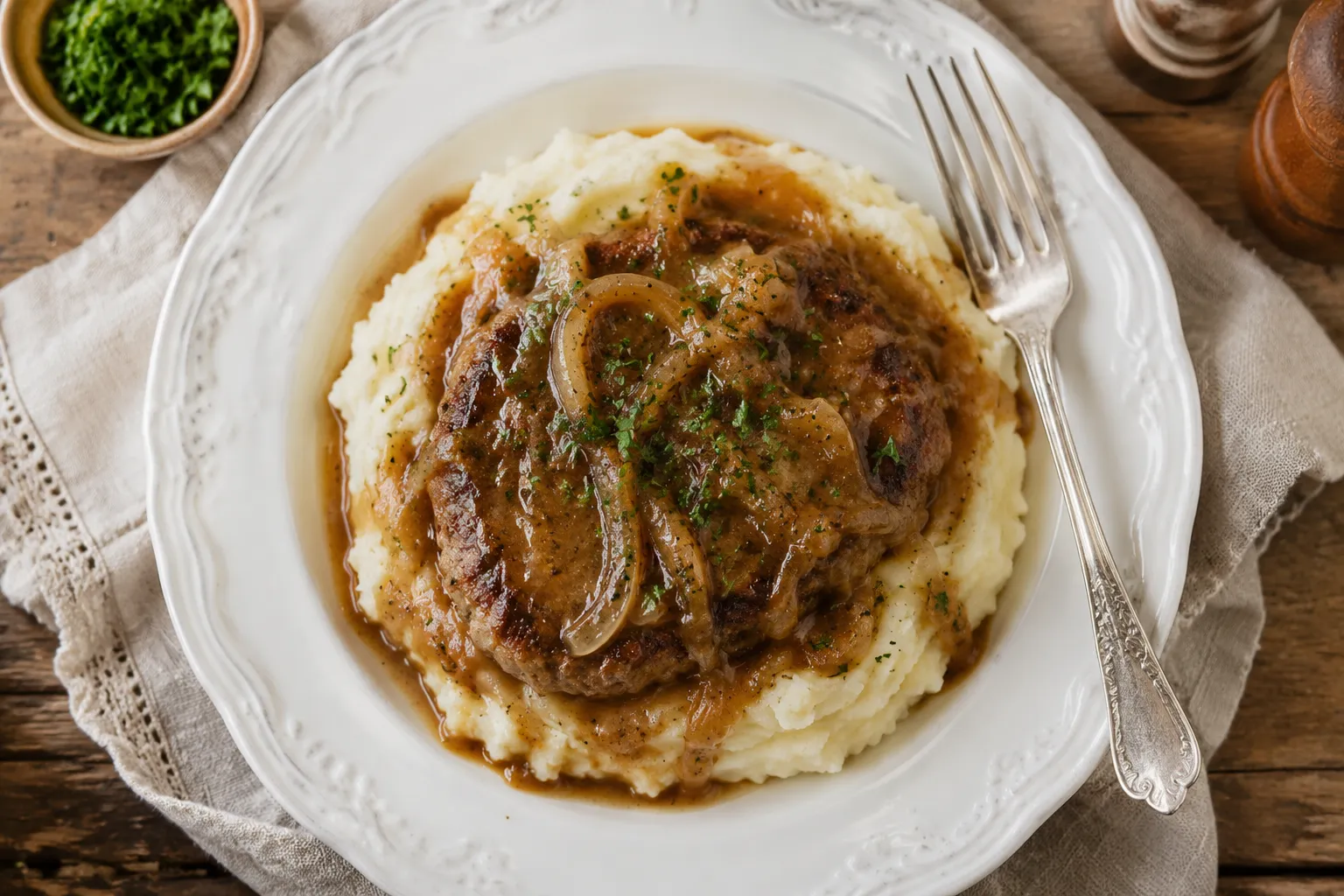 Plated cube steak recipe over mashed potatoes with onion gravy