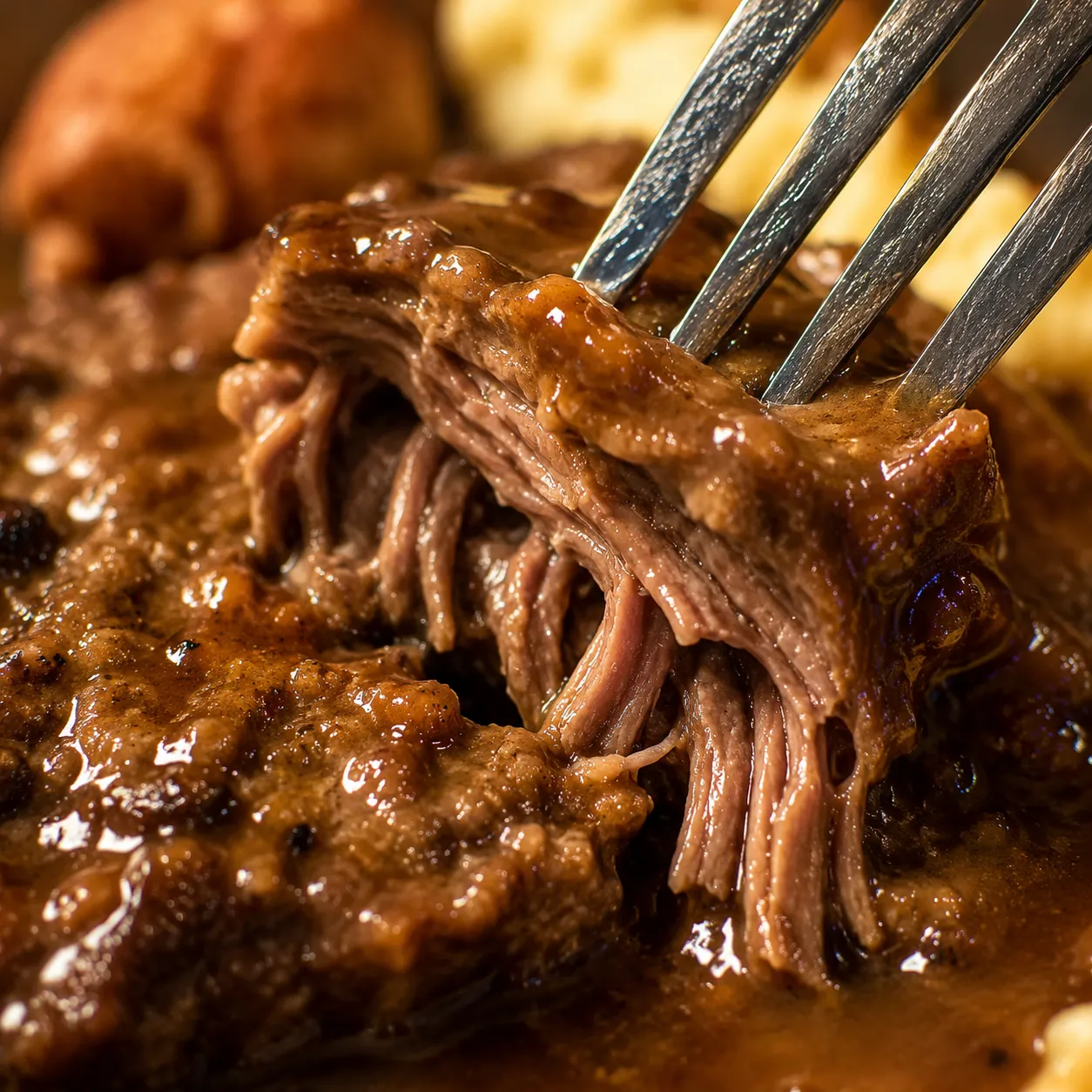 Fork-tender cube steak close-up showing tender texture and gravy