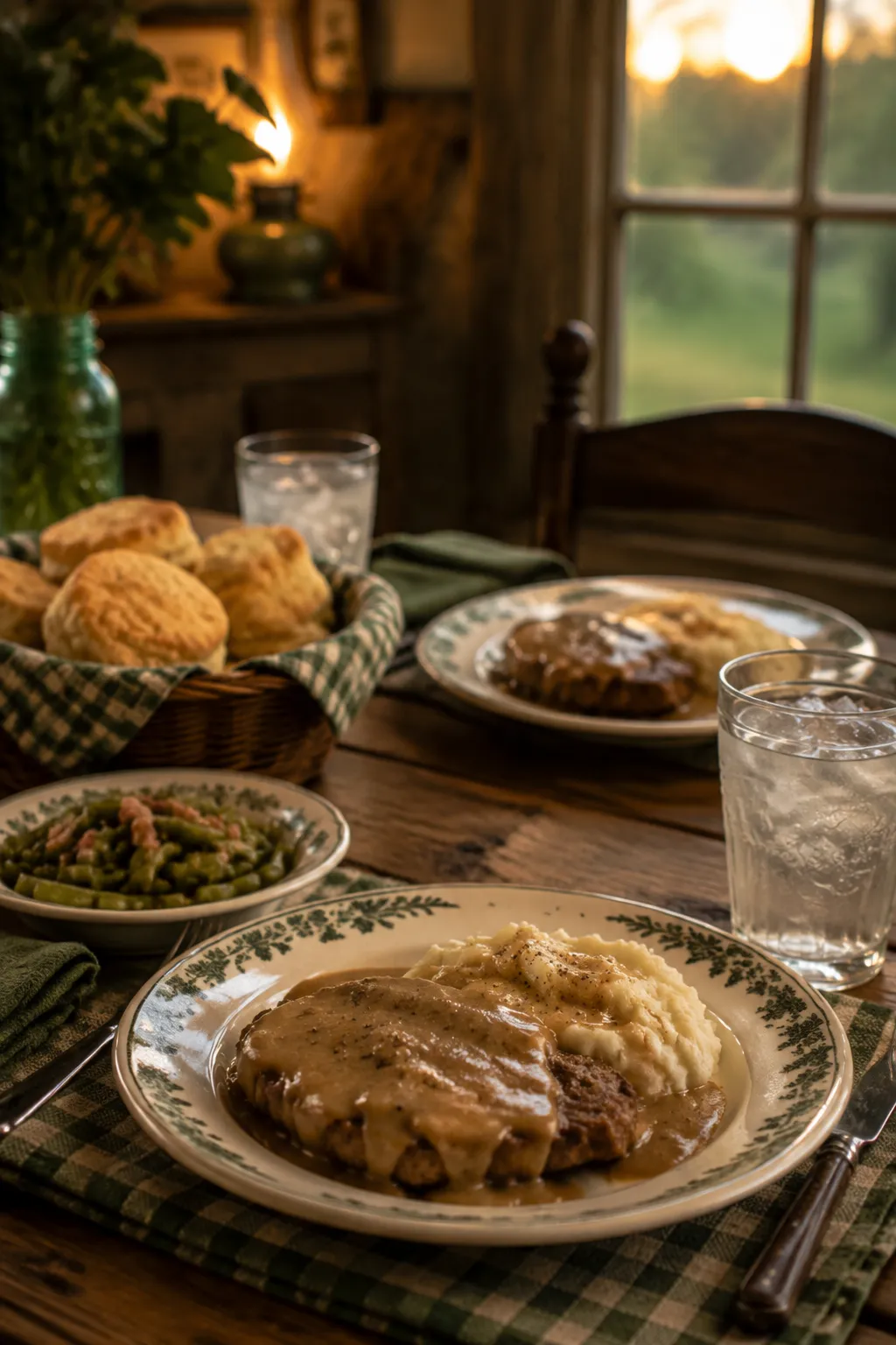 Cube steak dinner served with biscuits and green beans on rustic table