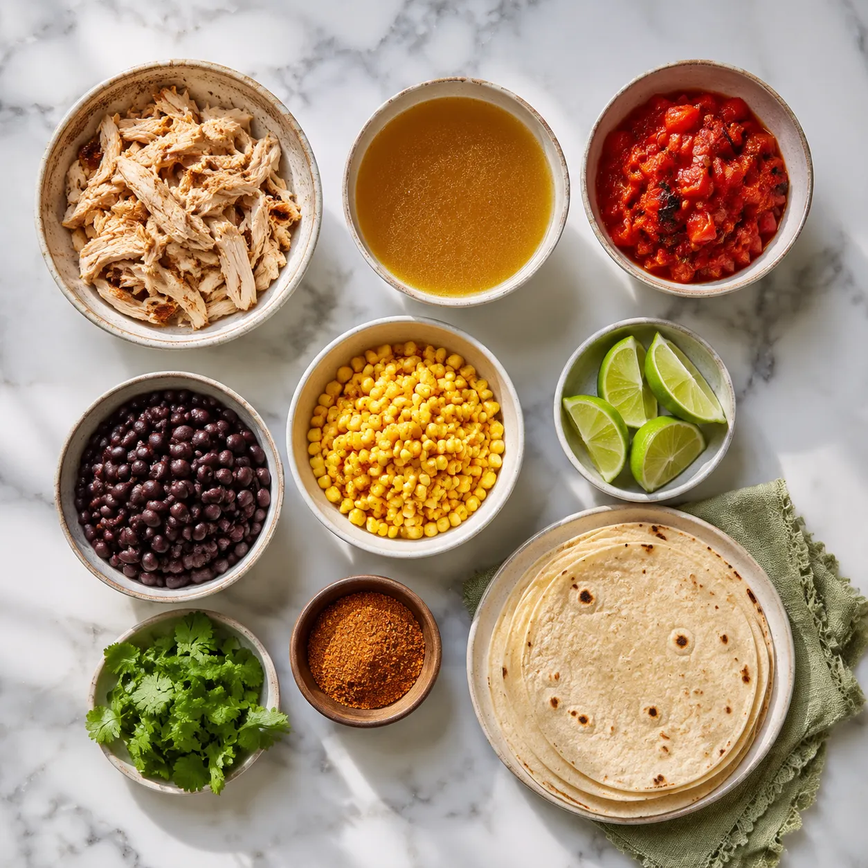 Rotisserie chicken recipe ingredients flatlay with shredded chicken, beans, corn, and lime