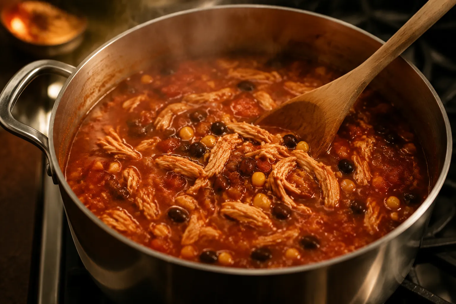 Adding shredded rotisserie chicken to tortilla soup in a Dutch oven