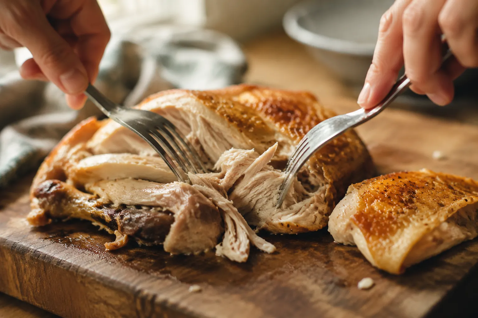 Hands shredding rotisserie chicken with two forks for easy chicken recipes