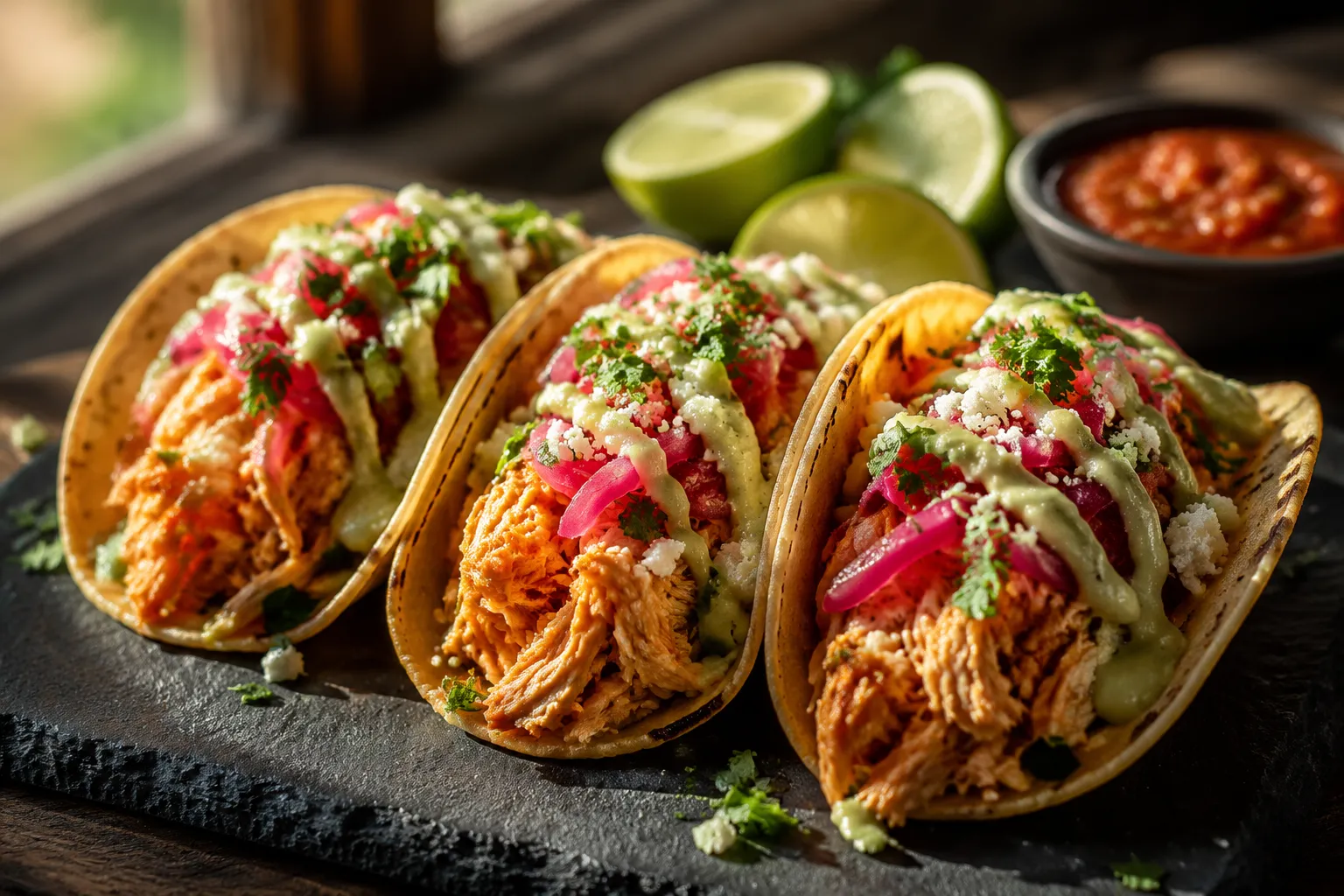 Shredded rotisserie chicken tacos with cotija cheese and pickled onions