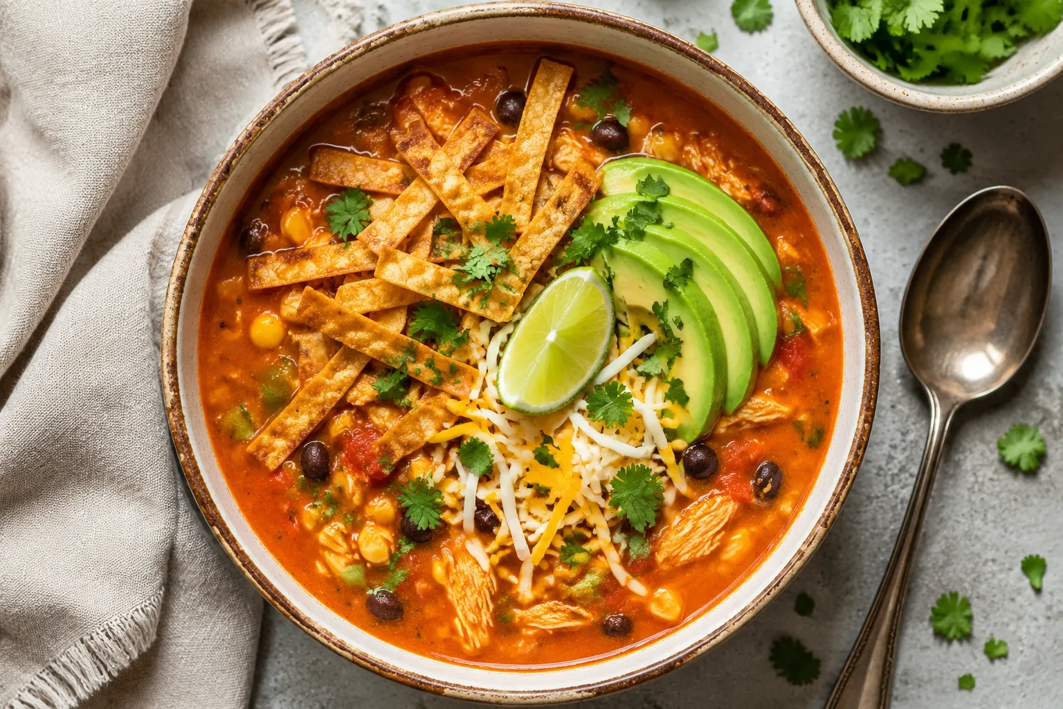 Finished rotisserie chicken tortilla soup with avocado, lime, and tortilla strips
