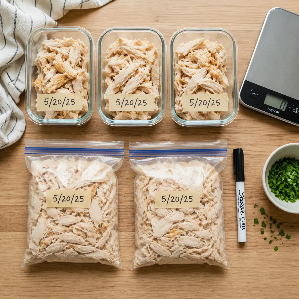 Shredded rotisserie chicken portioned into meal prep containers and freezer bags