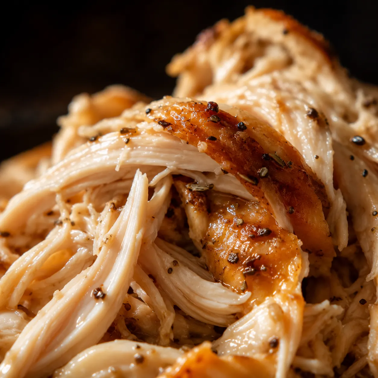 Macro close-up of juicy shredded rotisserie chicken