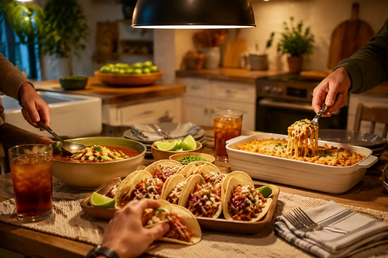 Family dinner table with rotisserie chicken recipes including soup, tacos, and pasta
