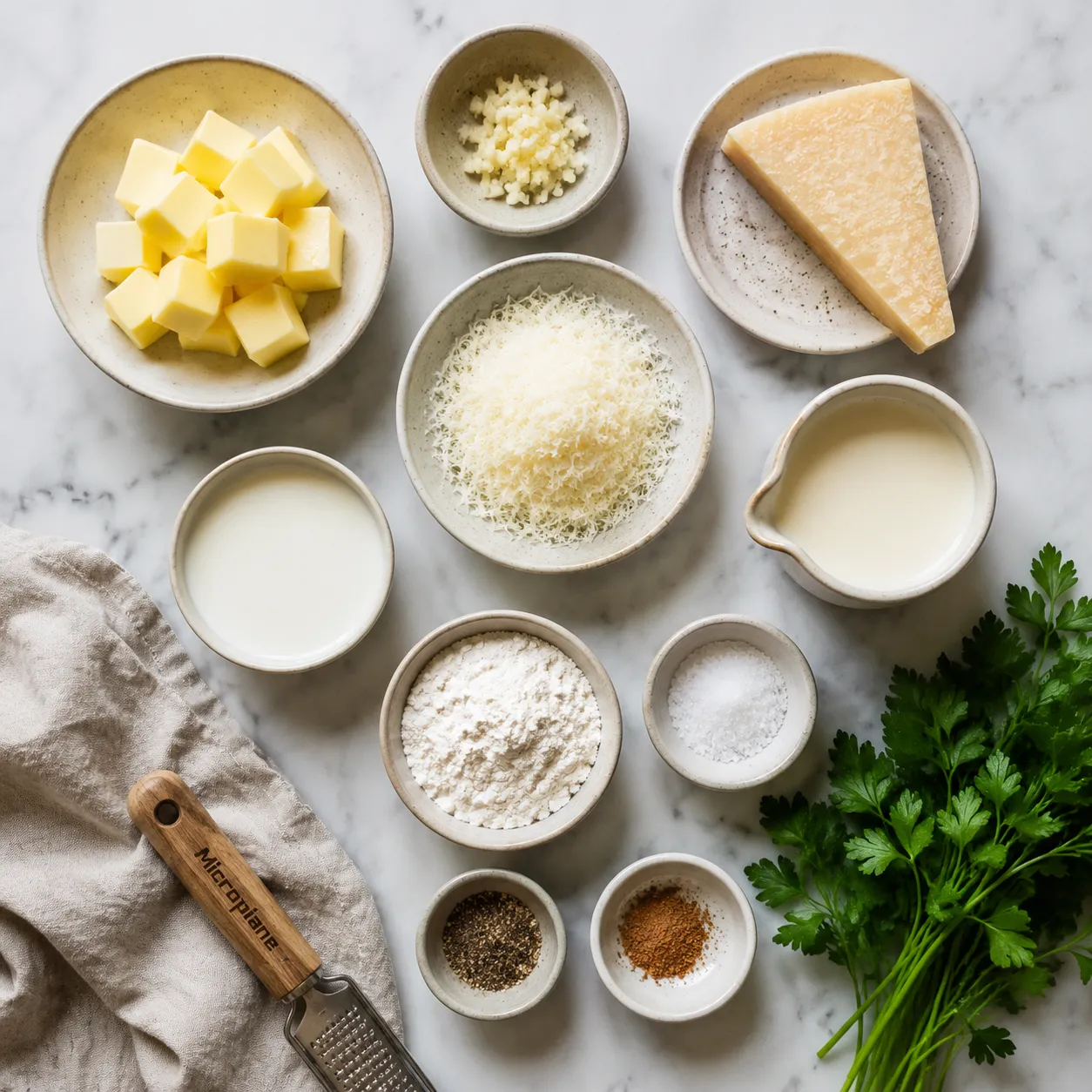 Ingredients for garlic parmesan sauce laid out on marble
