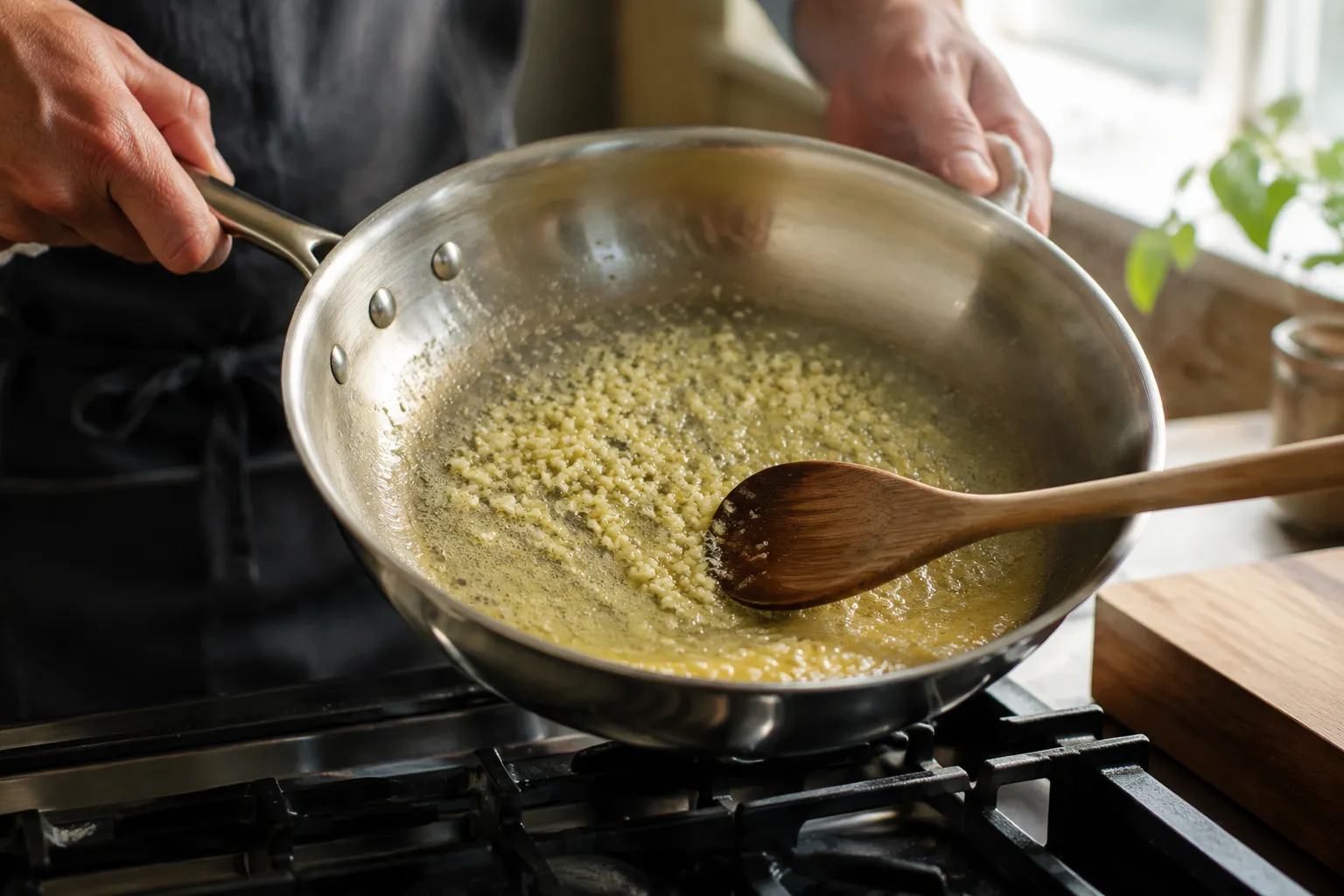 Sautéing fresh garlic in butter for garlic parmesan sauce